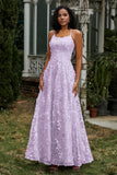 Spaghetti Straps Flower Applique Lace Floor-Length Prom Party Dress Formal Evening Ball Gowns