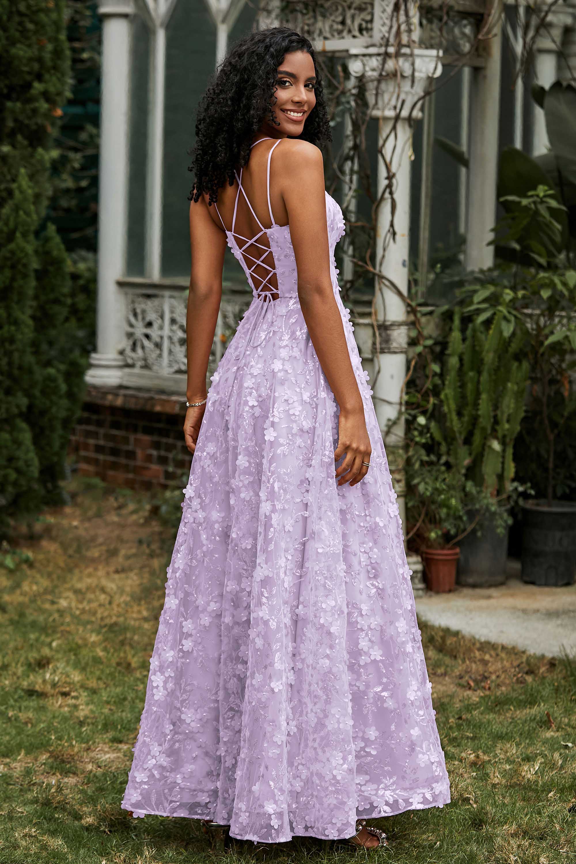 Spaghetti Straps Flower Applique Lace Floor-Length Prom Party Dress Formal Evening Ball Gowns