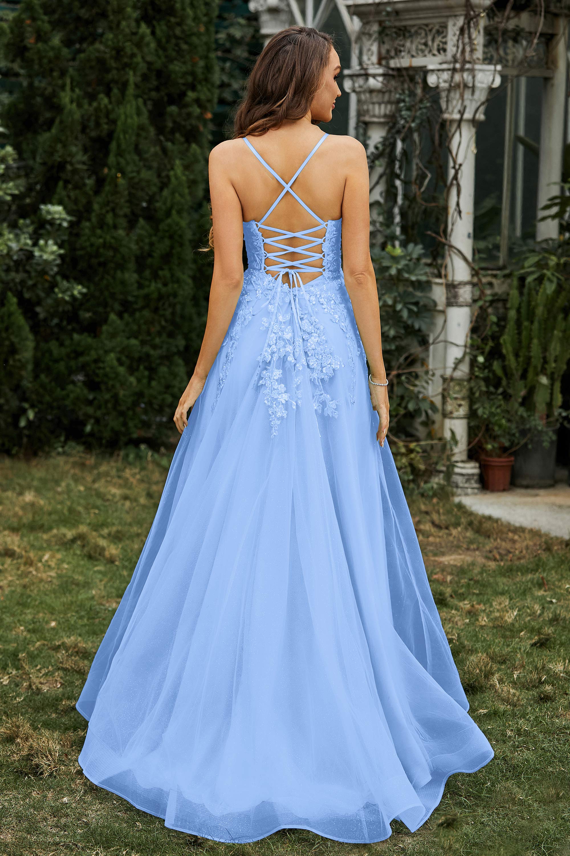 Sweetheart Applique A-Line Tulle Sweep Train Prom Party Dress Formal Evening Dresses