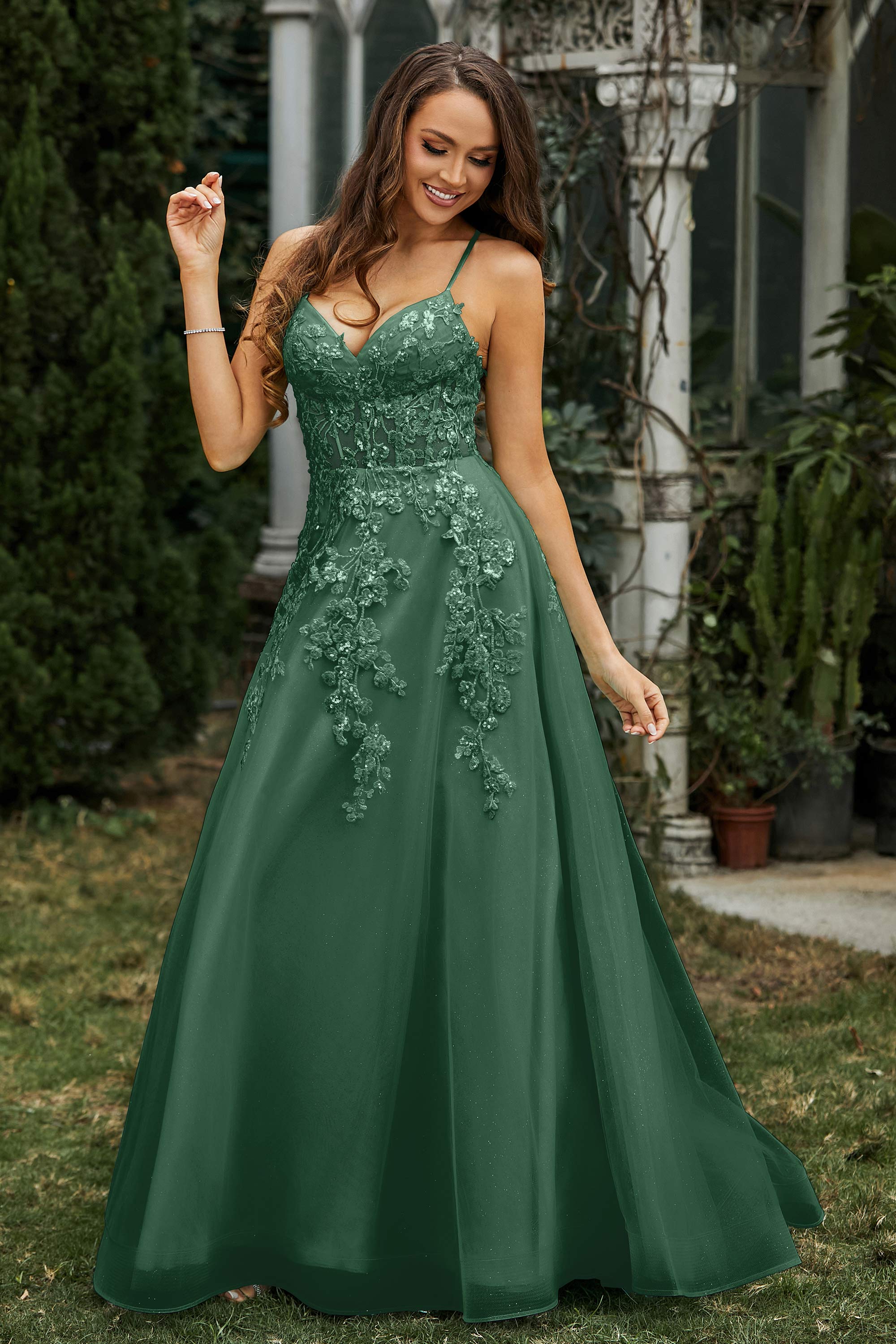 Sweetheart Applique A-Line Tulle Sweep Train Prom Party Dress Formal Evening Dresses