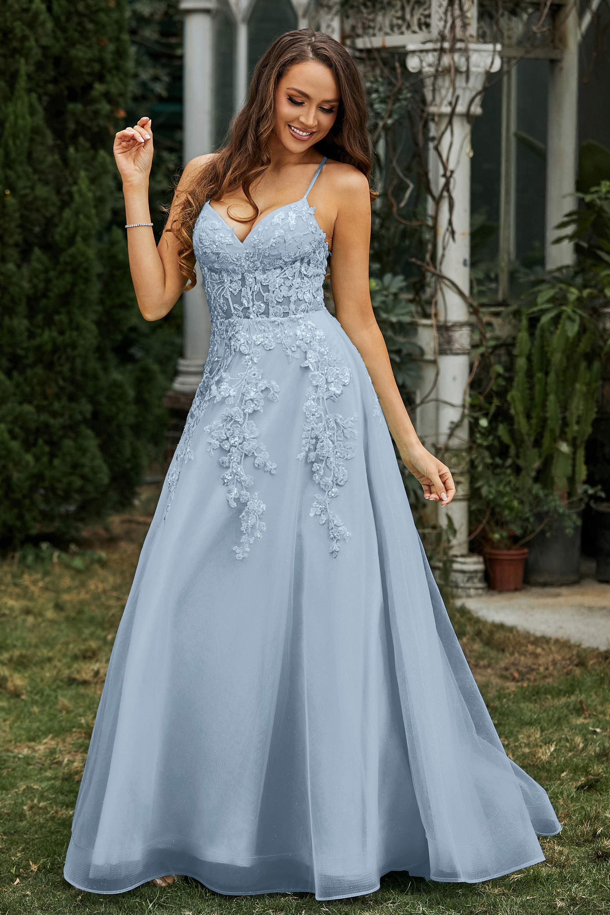 Sweetheart Applique A-Line Tulle Sweep Train Prom Party Dress Formal Evening Dresses