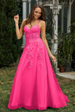 Sweetheart Applique A-Line Tulle Sweep Train Prom Party Dress Formal Evening Dresses