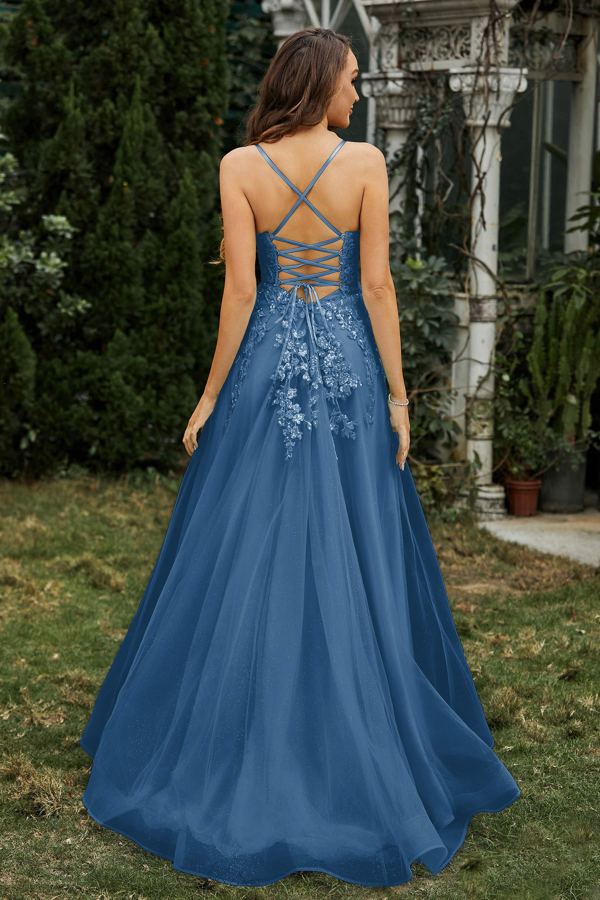 Sweetheart Applique A-Line Tulle Sweep Train Prom Party Dress Formal Evening Dresses