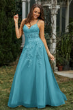 Sweetheart Applique A-Line Tulle Sweep Train Prom Party Dress Formal Evening Dresses