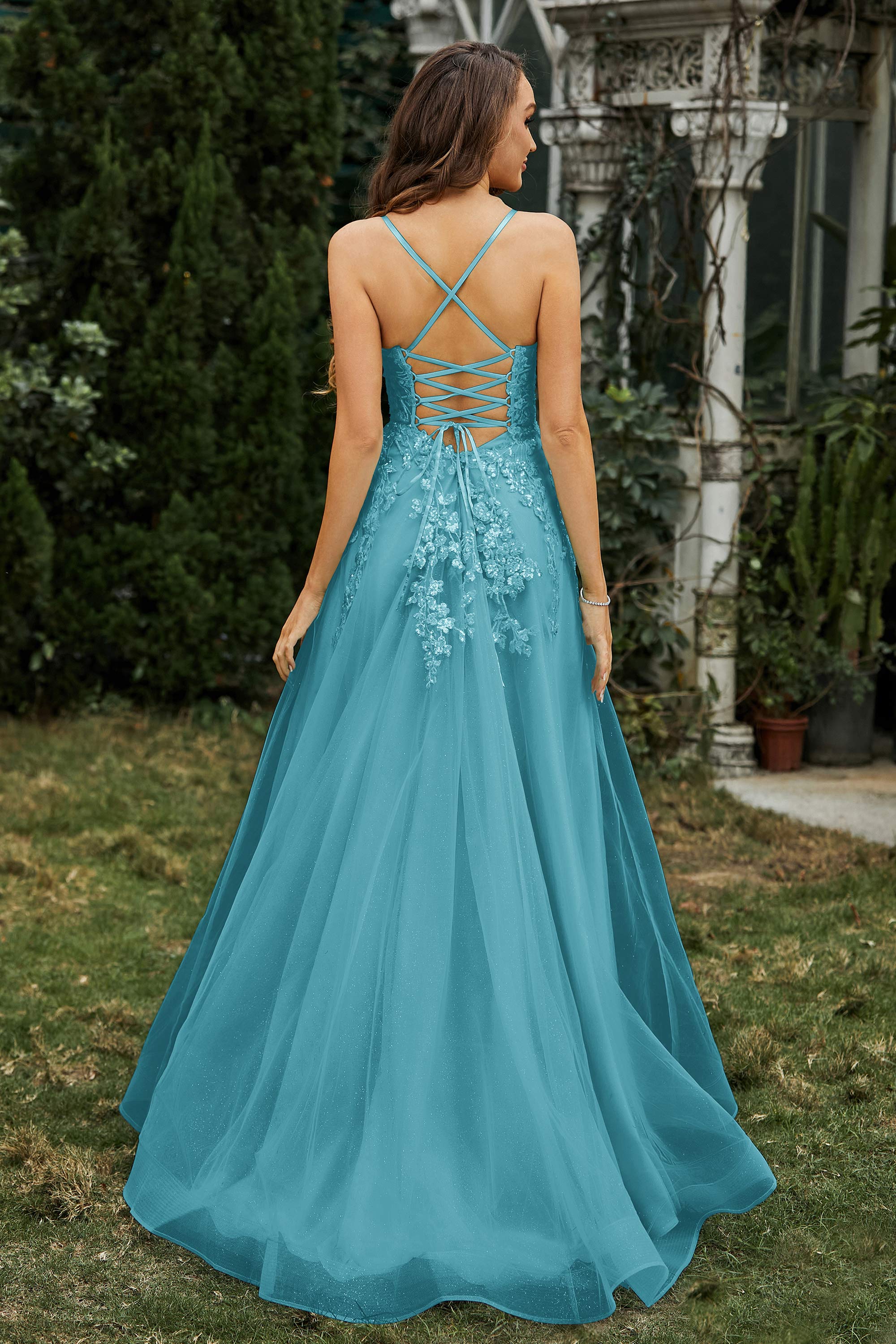 Sweetheart Applique A-Line Tulle Sweep Train Prom Party Dress Formal Evening Dresses