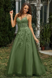 Sweetheart Applique A-Line Tulle Sweep Train Prom Party Dress Formal Evening Dresses