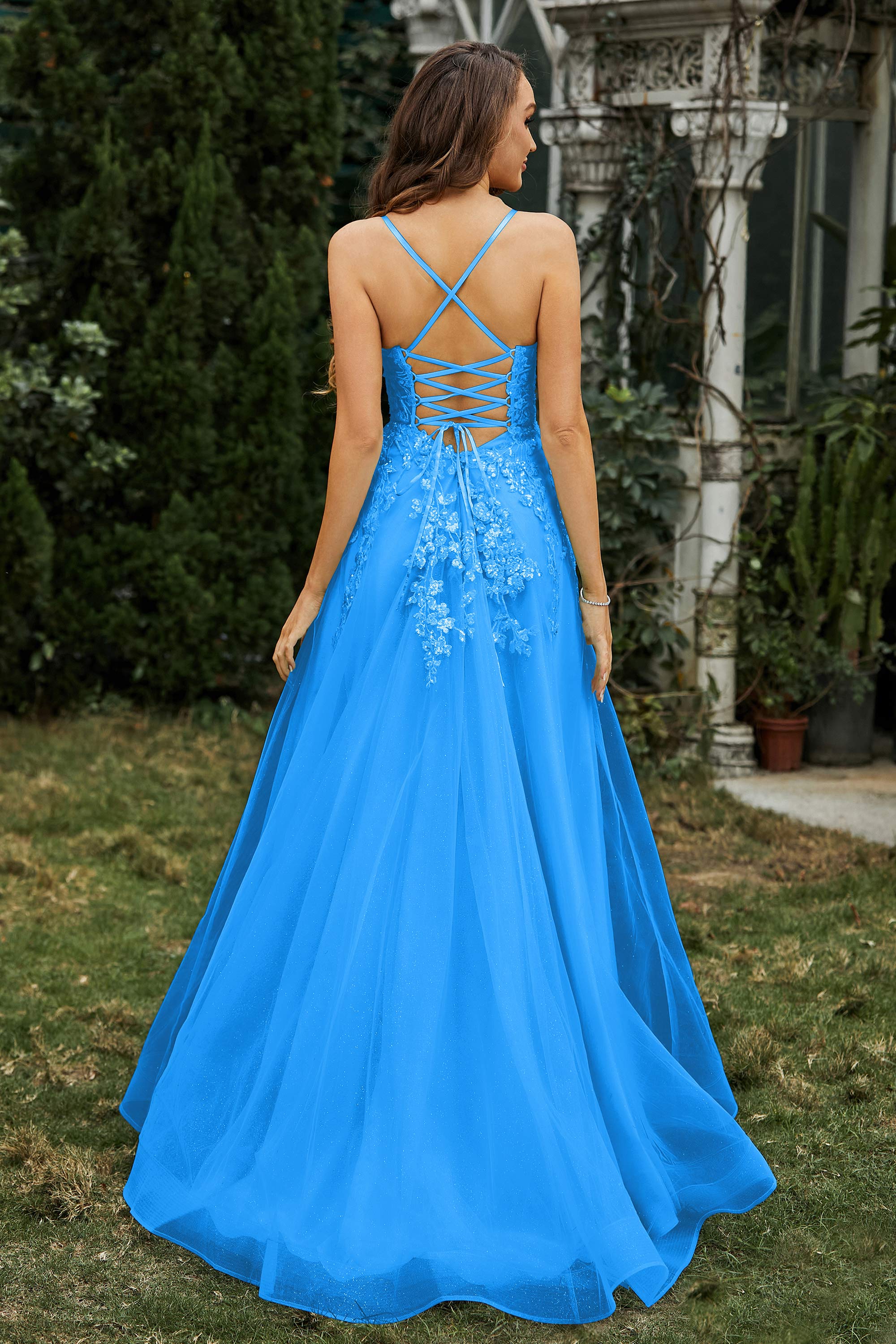 Sweetheart Applique A-Line Tulle Sweep Train Prom Party Dress Formal Evening Dresses