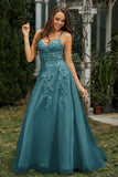 Sweetheart Applique A-Line Tulle Sweep Train Prom Party Dress Formal Evening Dresses