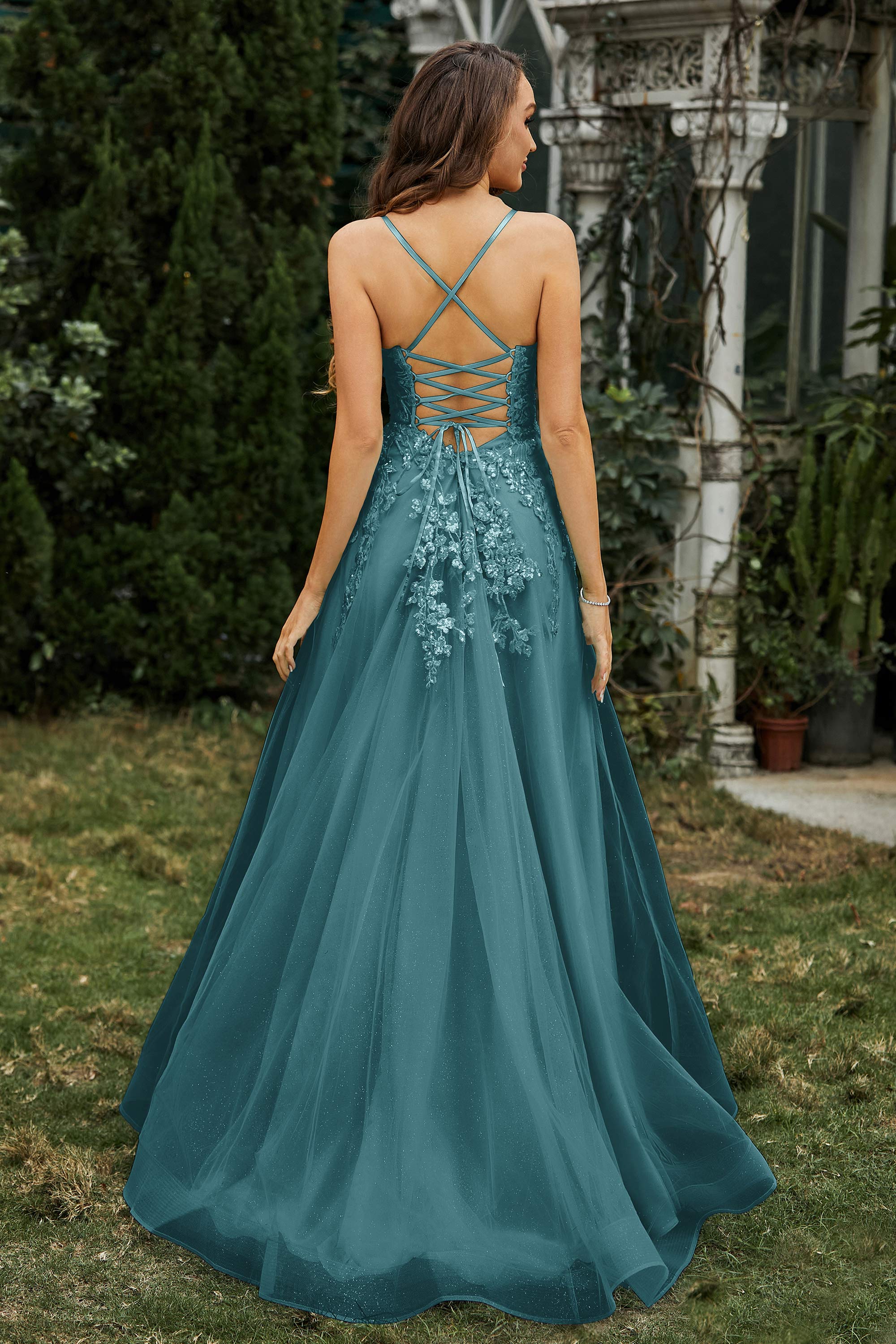 Sweetheart Applique A-Line Tulle Sweep Train Prom Party Dress Formal Evening Dresses