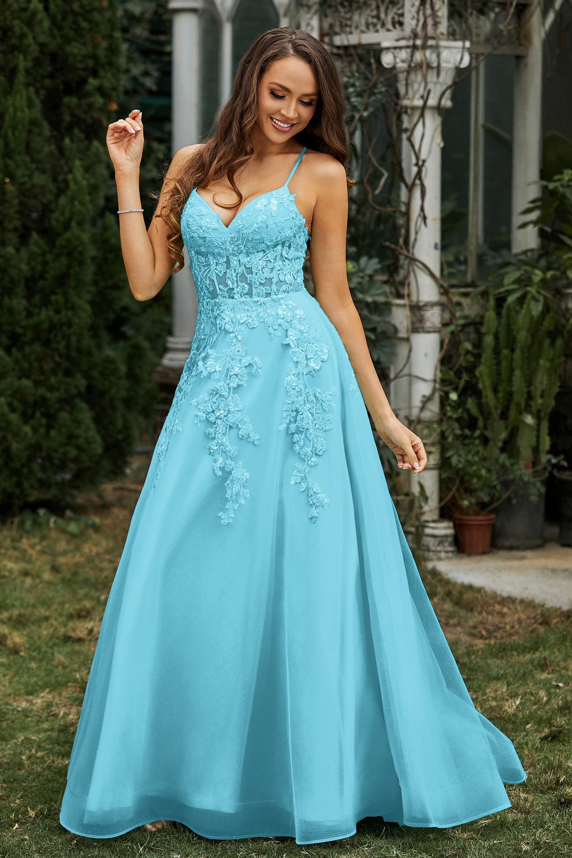 Sweetheart Applique A-Line Tulle Sweep Train Prom Party Dress Formal Evening Dresses