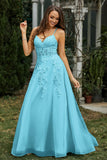 Sweetheart Applique A-Line Tulle Sweep Train Prom Party Dress Formal Evening Dresses