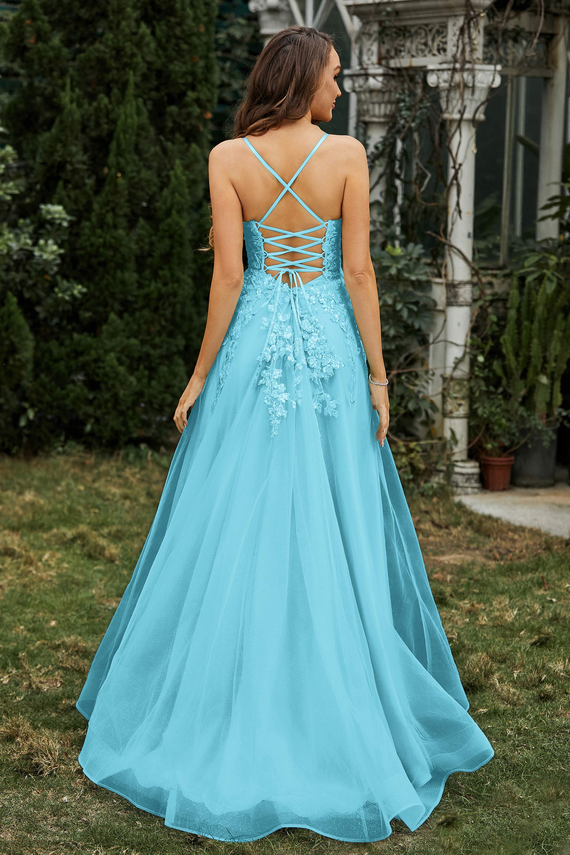 Sweetheart Applique A-Line Tulle Sweep Train Prom Party Dress Formal Evening Dresses