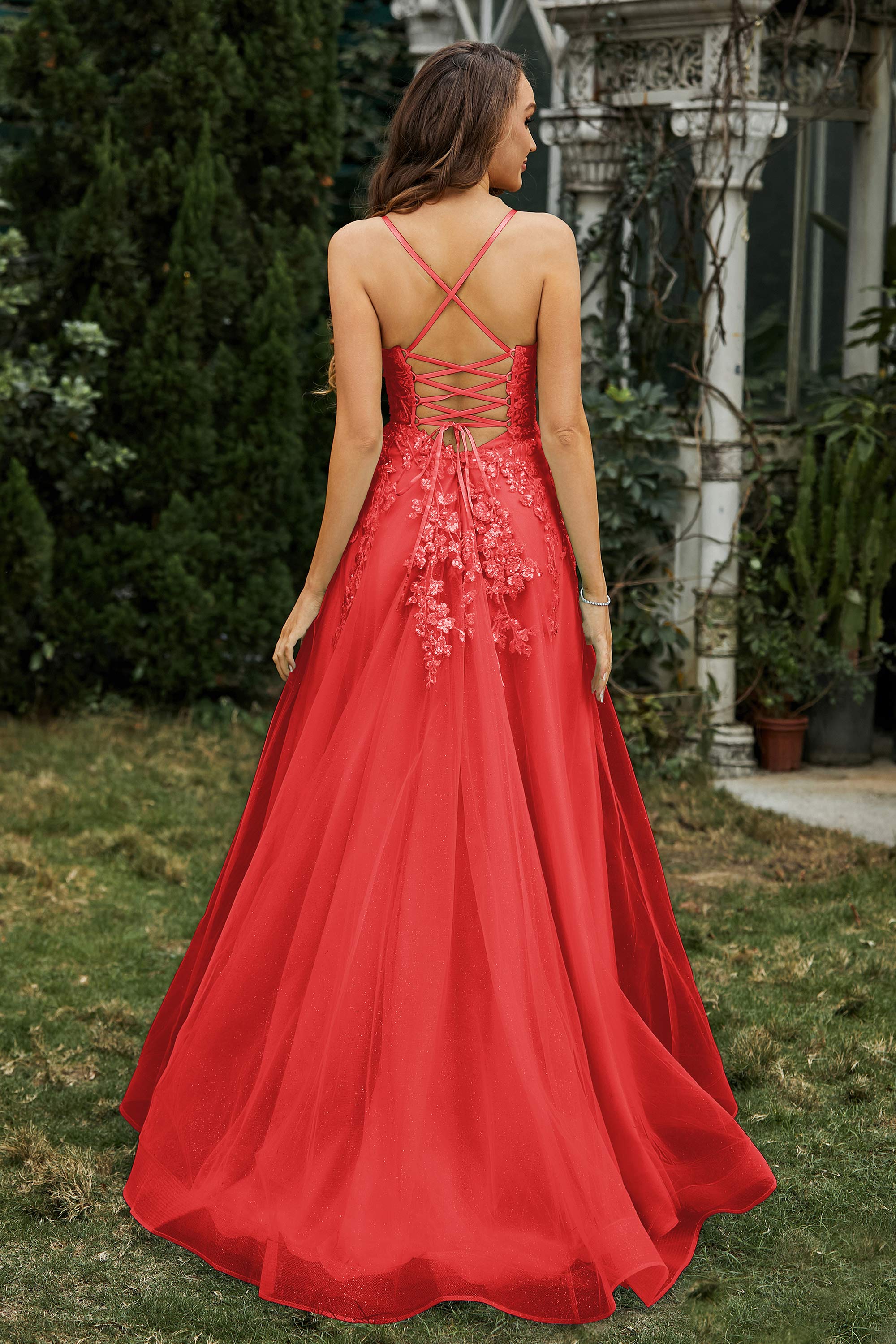 Sweetheart Applique A-Line Tulle Sweep Train Prom Party Dress Formal Evening Dresses