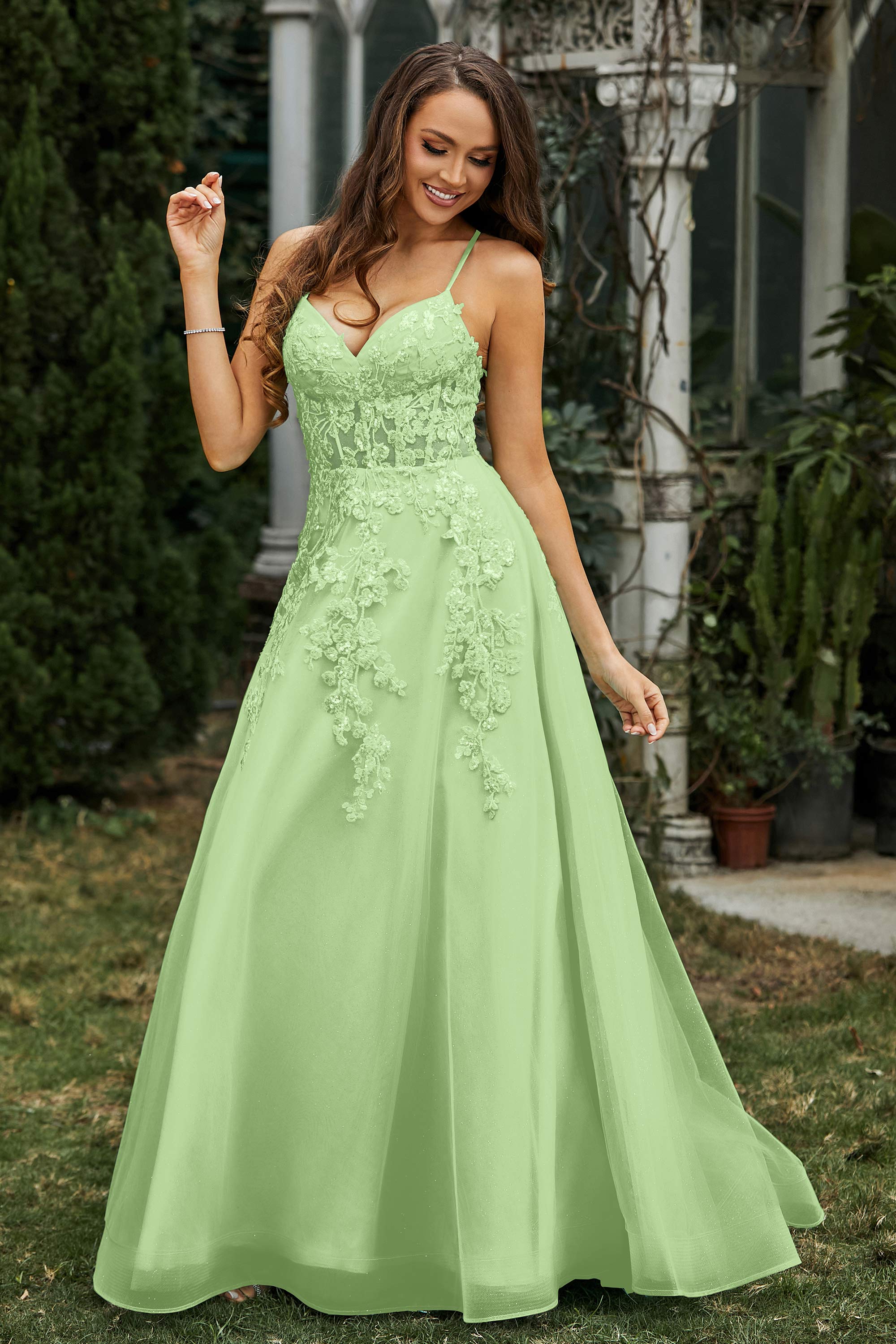 Sweetheart Applique A-Line Tulle Sweep Train Prom Party Dress Formal Evening Dresses