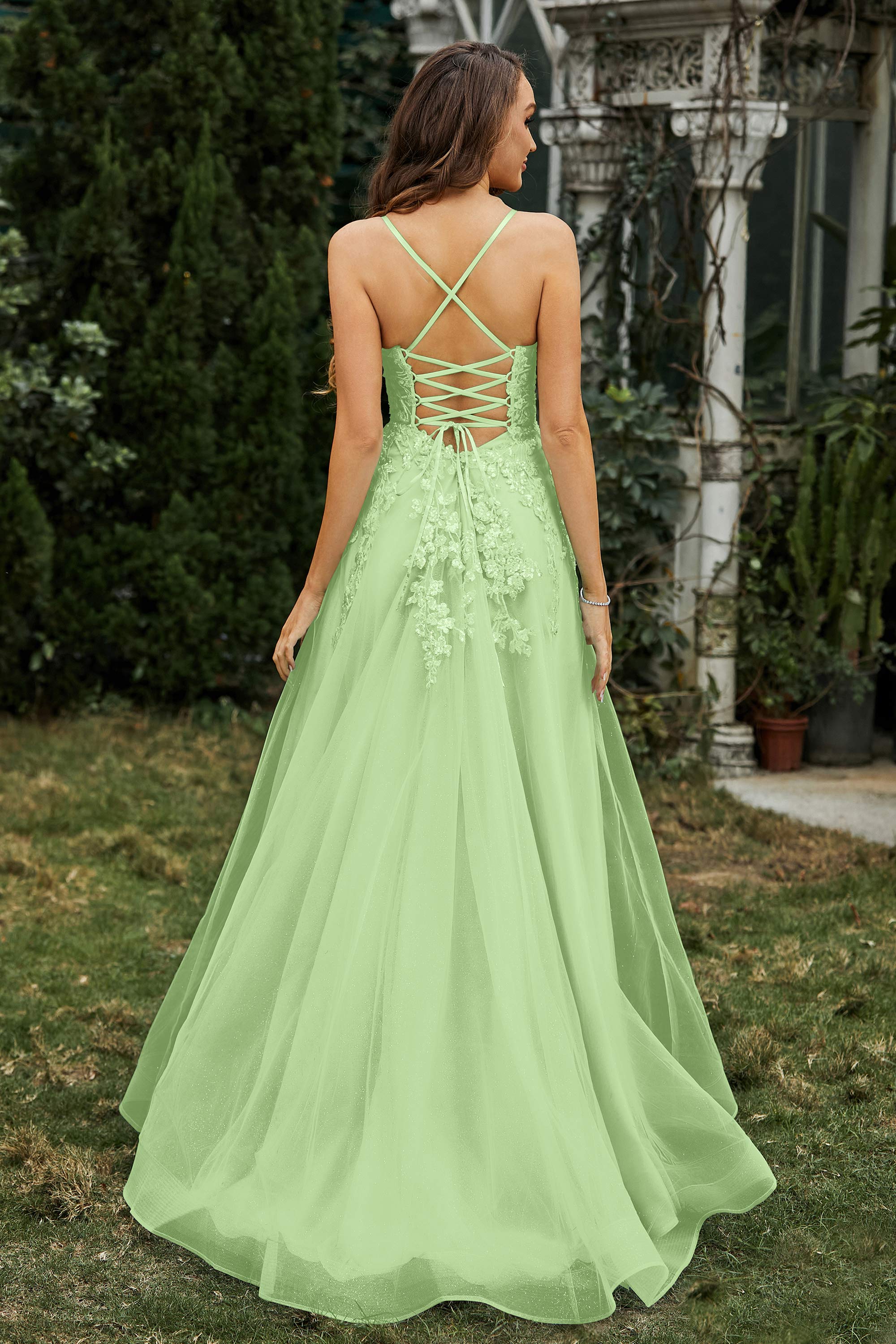Sweetheart Applique A-Line Tulle Sweep Train Prom Party Dress Formal Evening Dresses