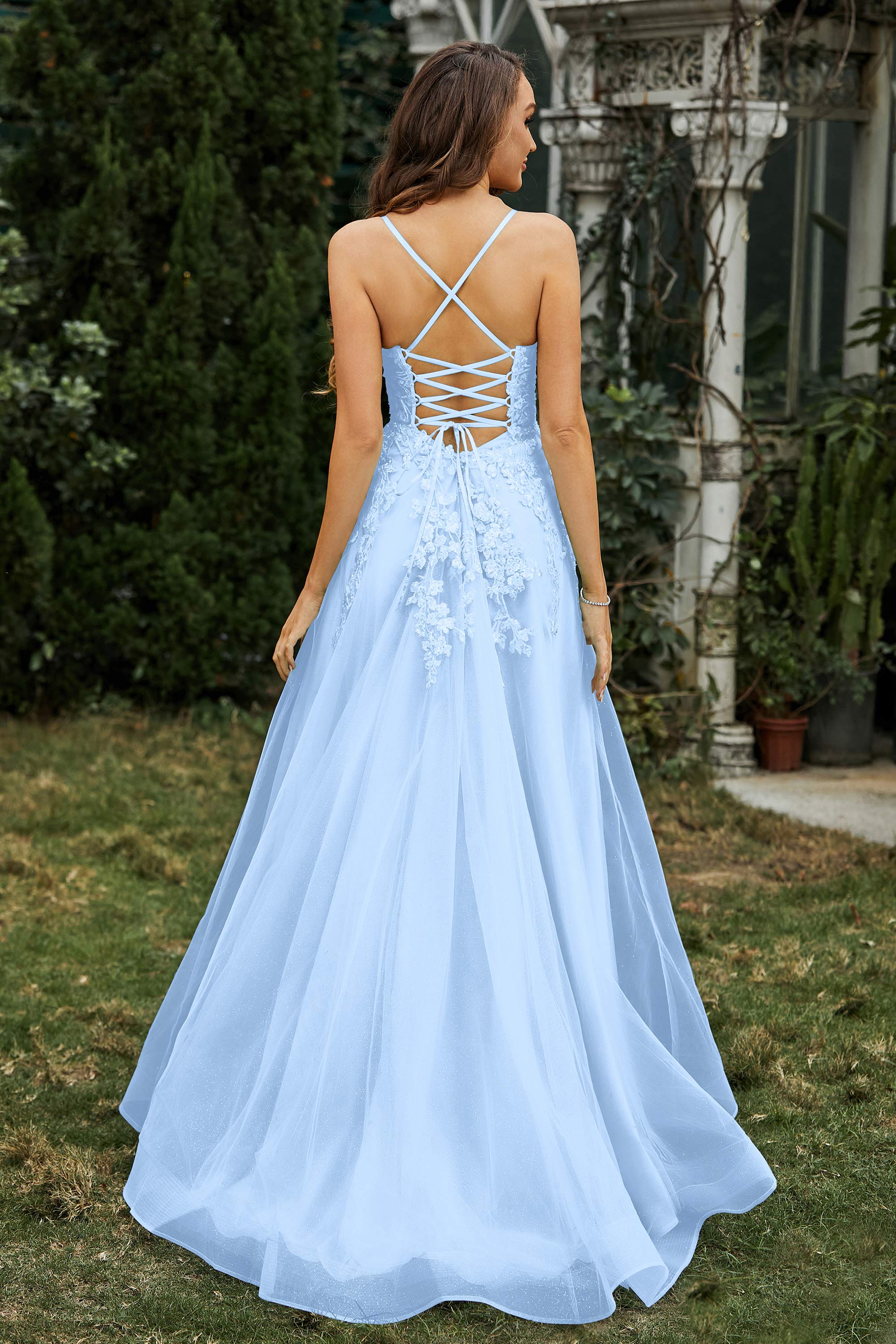 Sweetheart Applique A-Line Tulle Sweep Train Prom Party Dress Formal Evening Dresses