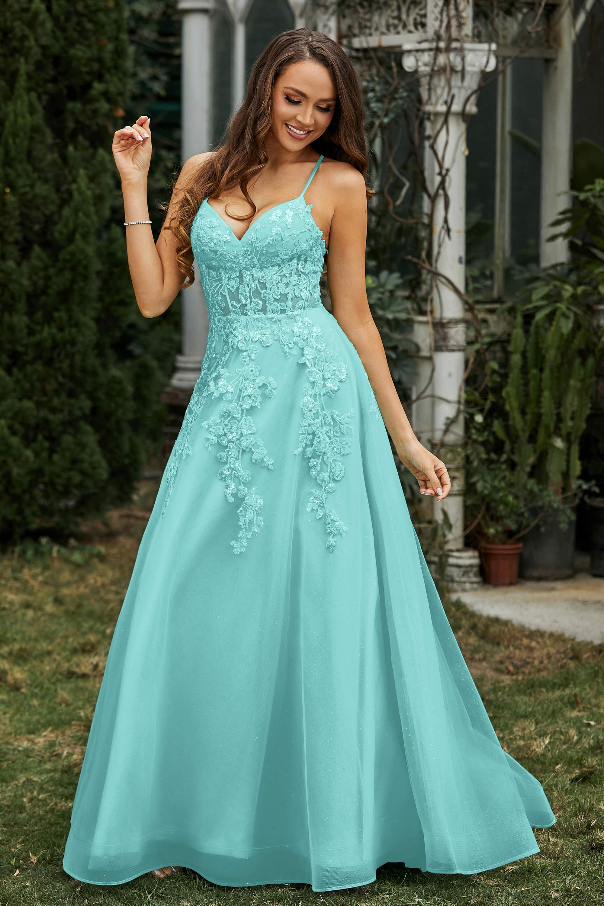 Sweetheart Applique A-Line Tulle Sweep Train Prom Party Dress Formal Evening Dresses