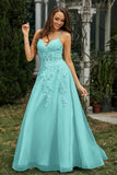 Sweetheart Applique A-Line Tulle Sweep Train Prom Party Dress Formal Evening Dresses