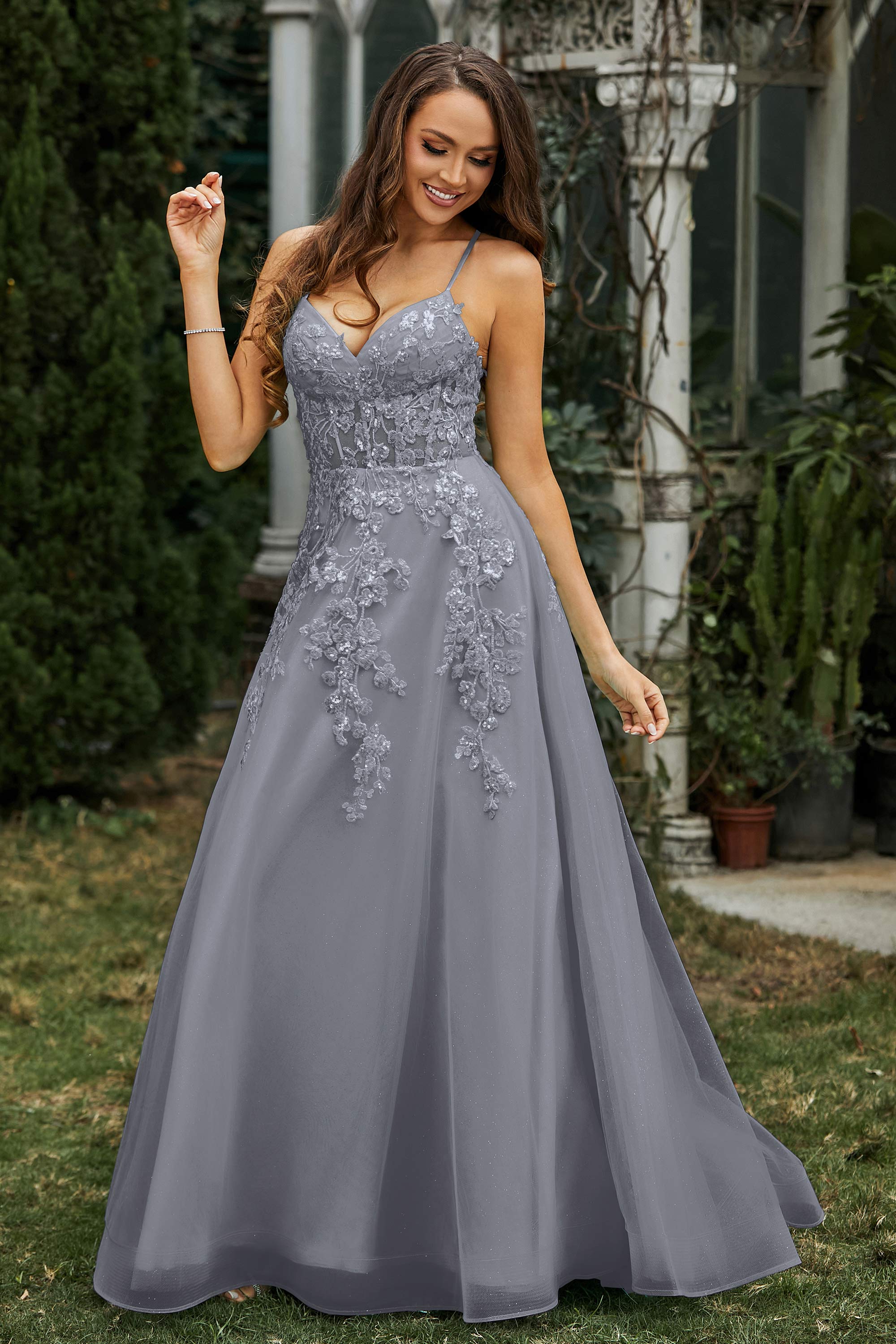 Sweetheart Applique A-Line Tulle Sweep Train Prom Party Dress Formal Evening Dresses
