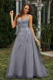 Sweetheart Applique A-Line Tulle Sweep Train Prom Party Dress Formal Evening Dresses