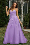 Sweetheart Applique A-Line Tulle Sweep Train Prom Party Dress Formal Evening Dresses