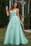 Sweetheart Applique A-Line Tulle Sweep Train Prom Party Dress Formal Evening Dresses