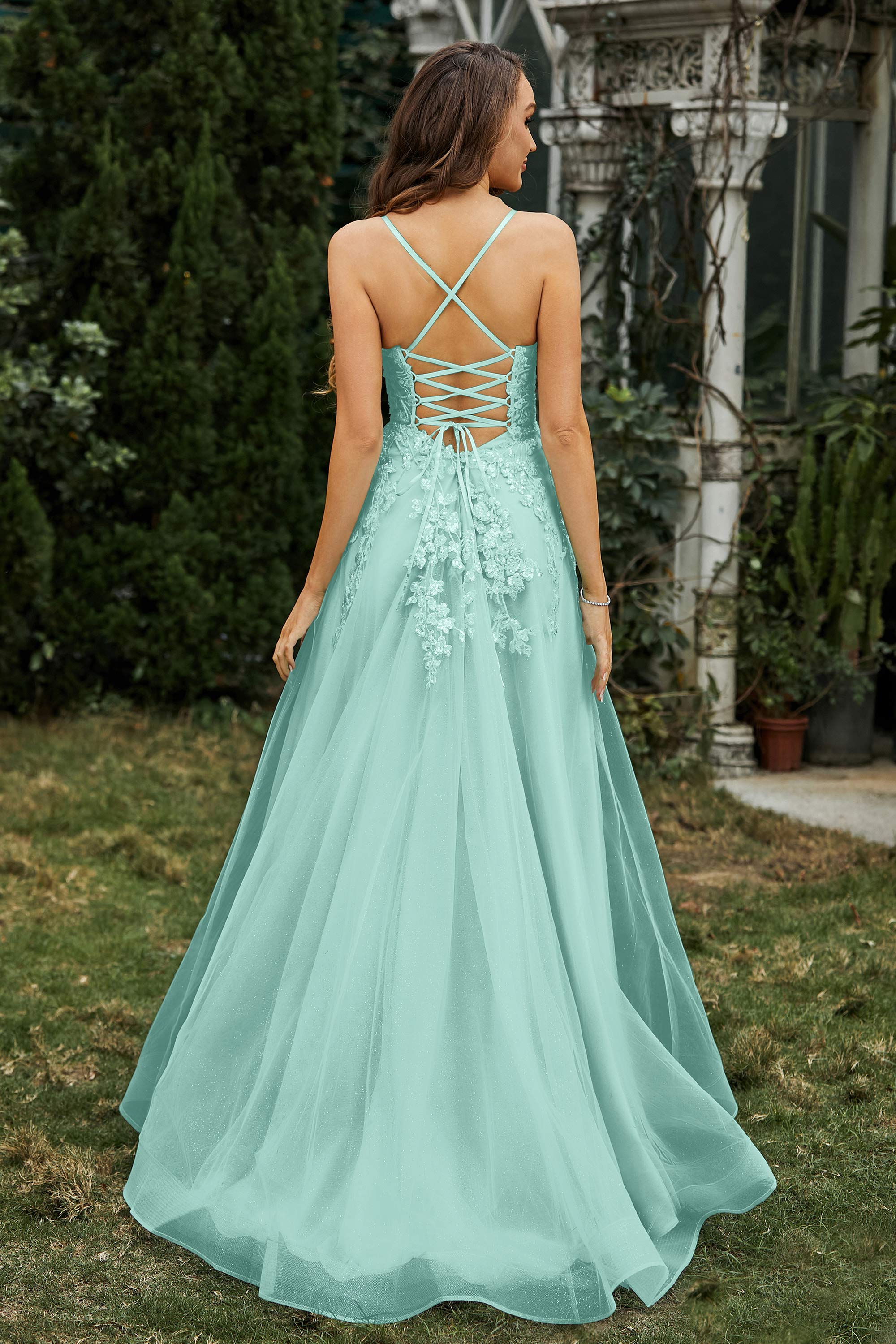 Sweetheart Applique A-Line Tulle Sweep Train Prom Party Dress Formal Evening Dresses