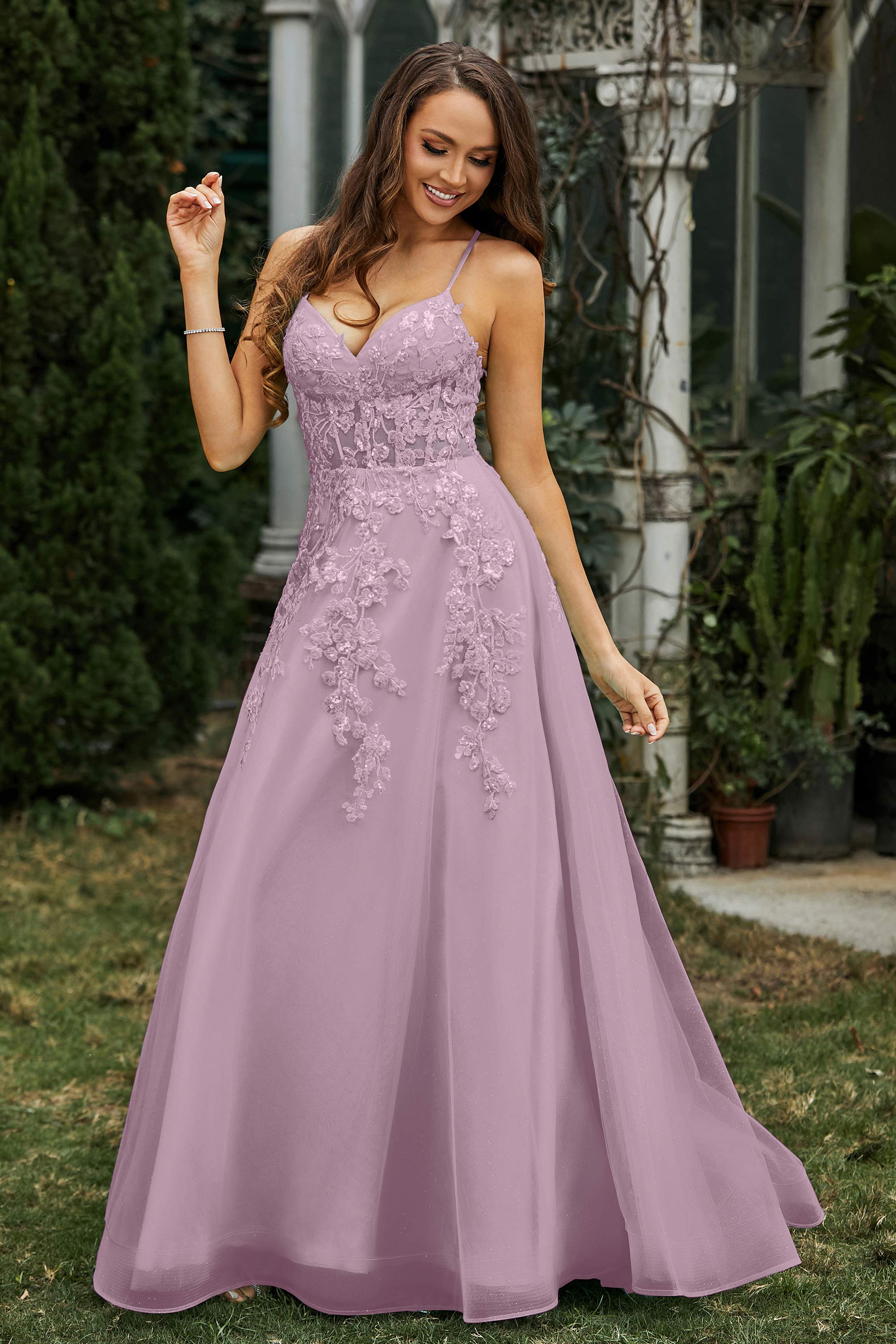 Sweetheart Applique A-Line Tulle Sweep Train Prom Party Dress Formal Evening Dresses