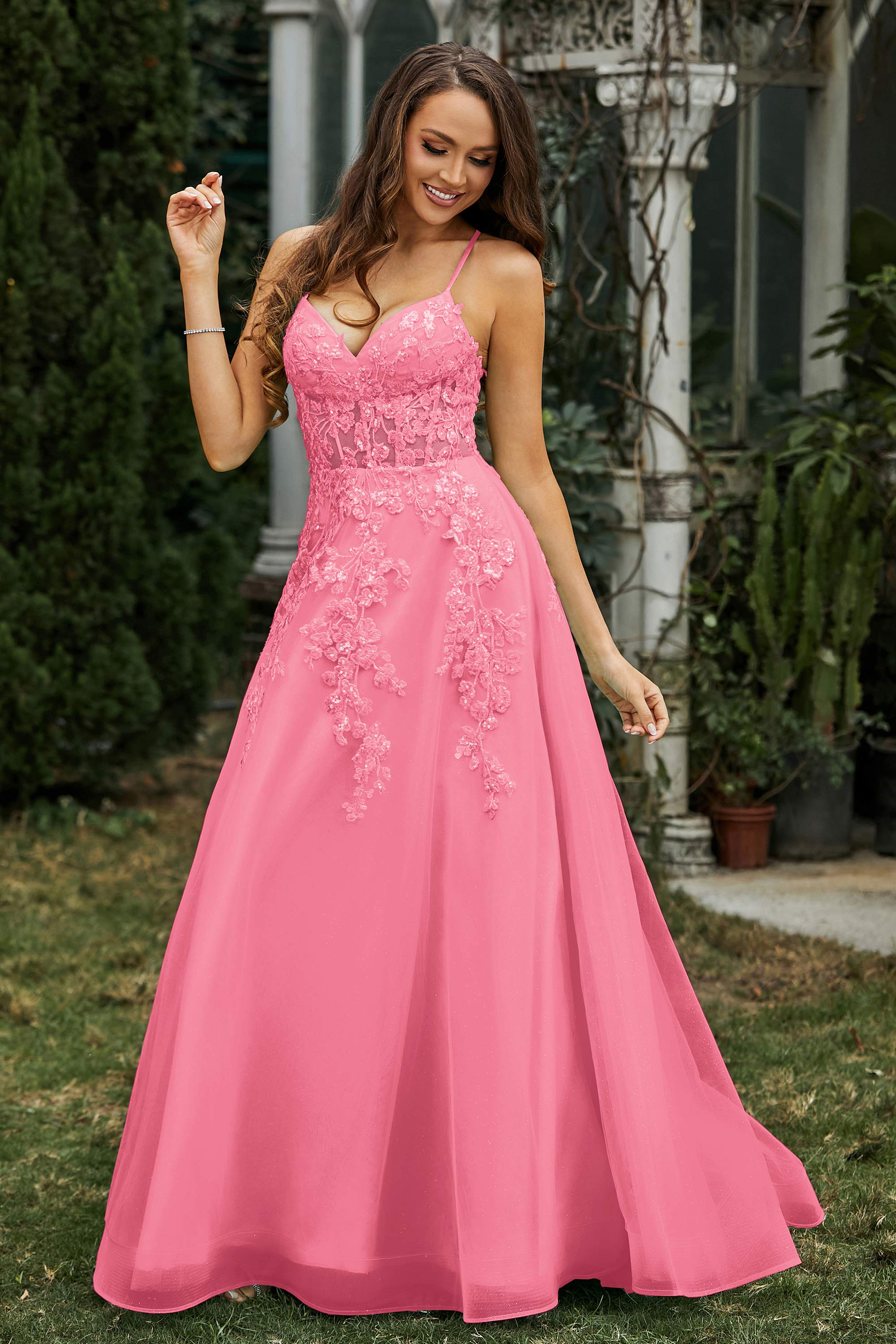 Sweetheart Applique A-Line Tulle Sweep Train Prom Party Dress Formal Evening Dresses
