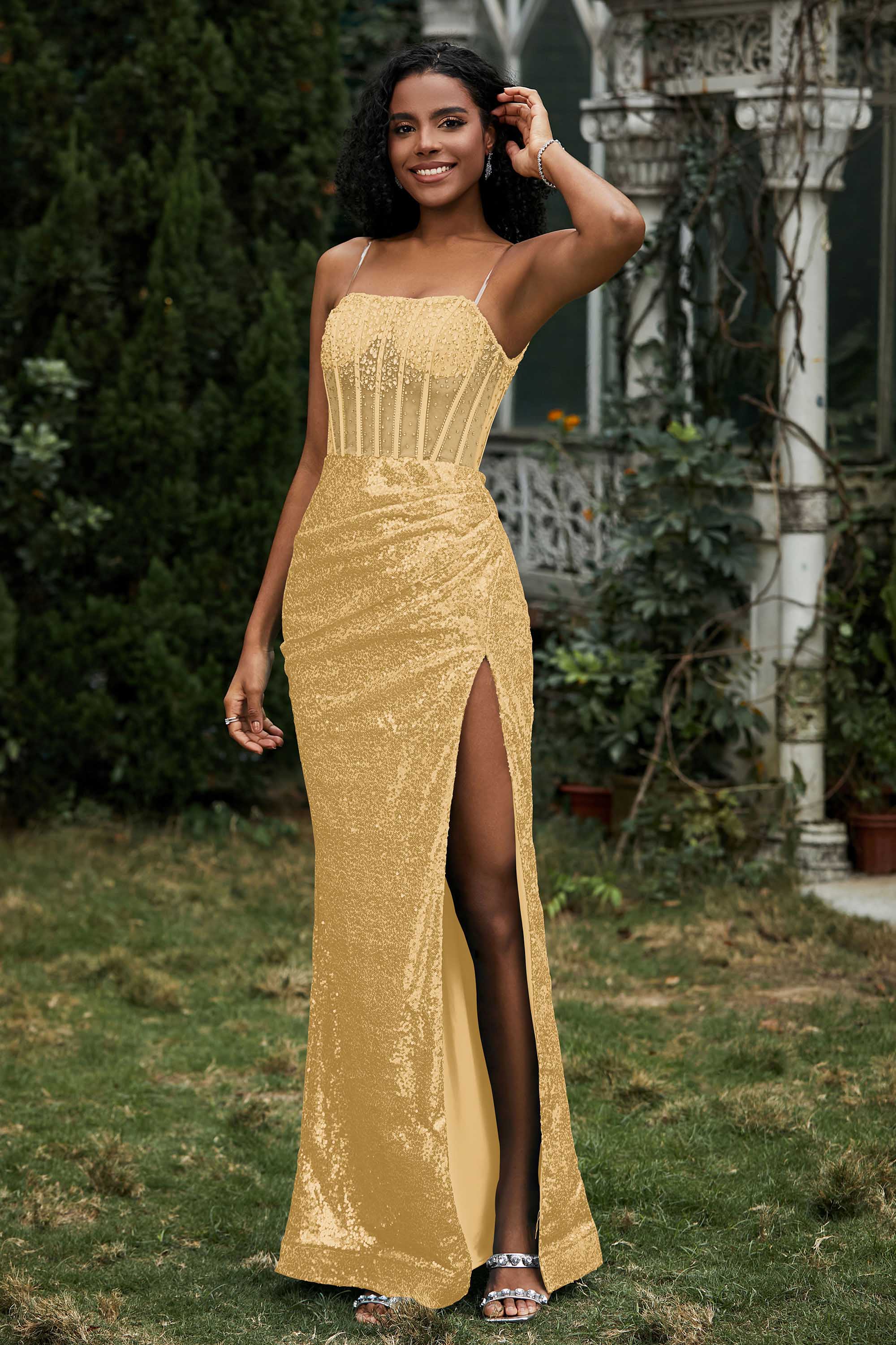Bodycon Pailletten Bodenlanges formelles Abendkleid mit Schlitz Abschlussball Partykleider