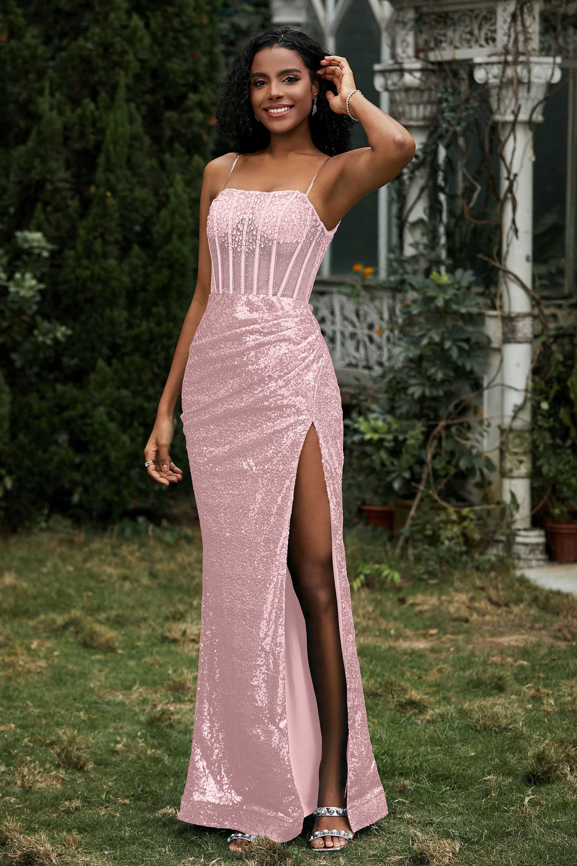 Bodycon Pailletten Bodenlanges formelles Abendkleid mit Schlitz Abschlussball Partykleider