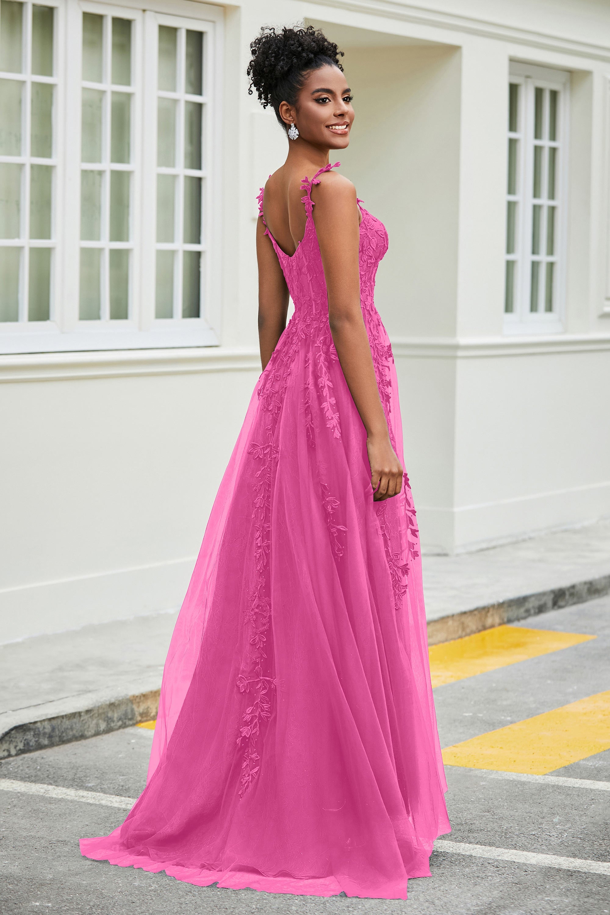 A-Linie Tüll Ballkleid mit Applikationen und Schleppe, mit Schlitz, formelle Abendkleider
