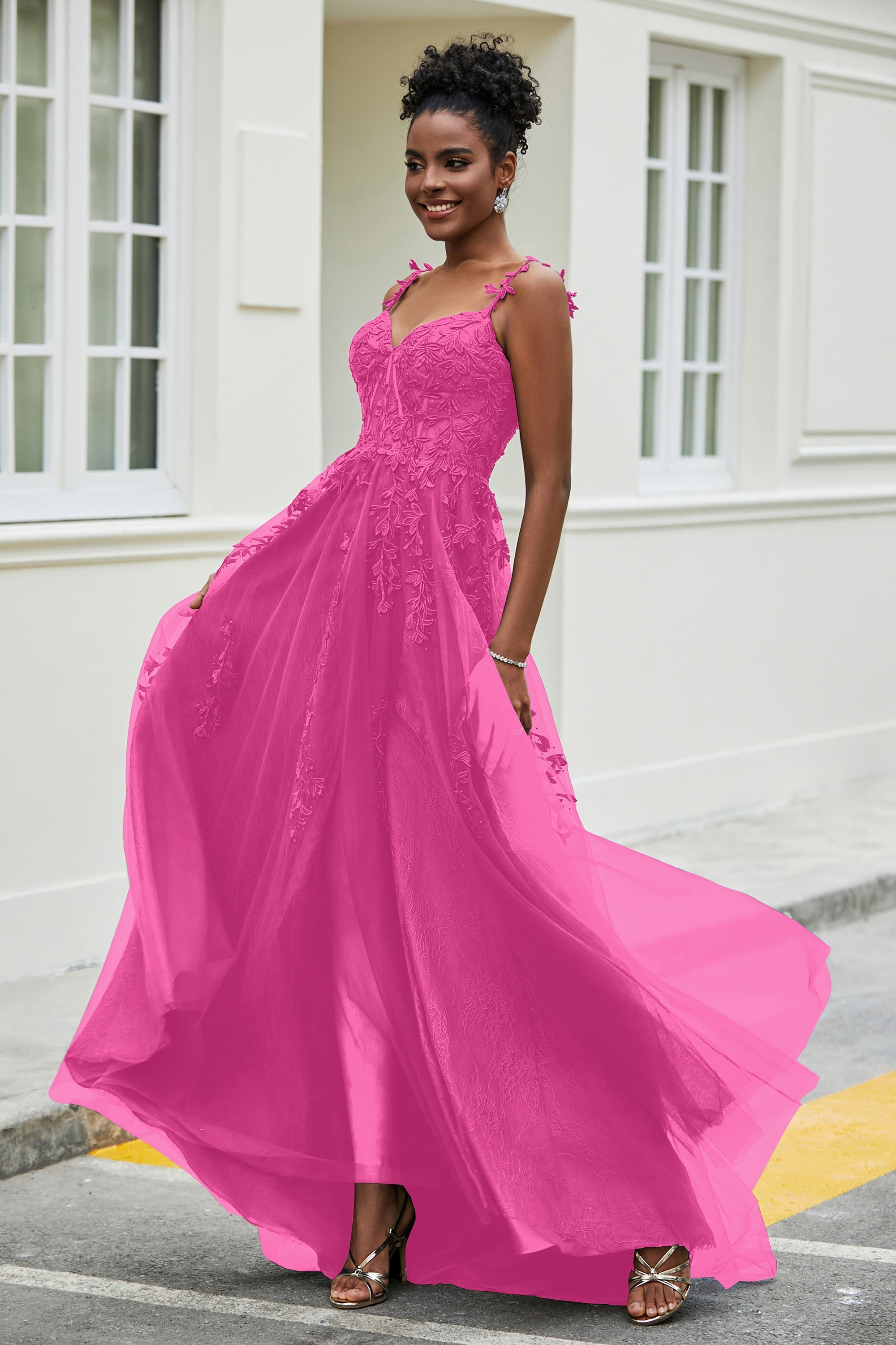 A-Linie Tüll Ballkleid mit Applikationen und Schleppe, mit Schlitz, formelle Abendkleider