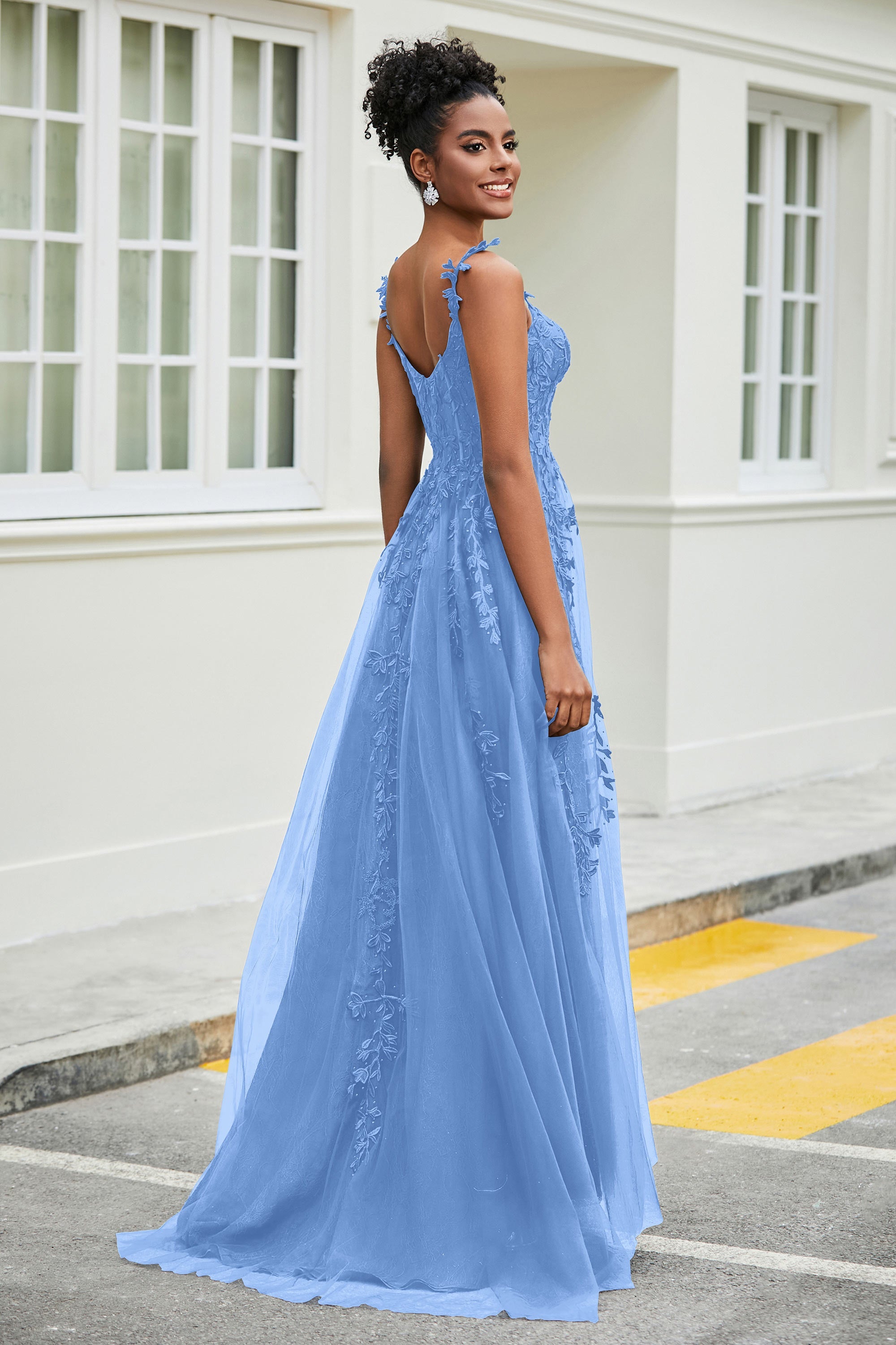 A-Linie Tüll Ballkleid mit Applikationen und Schleppe, mit Schlitz, formelle Abendkleider