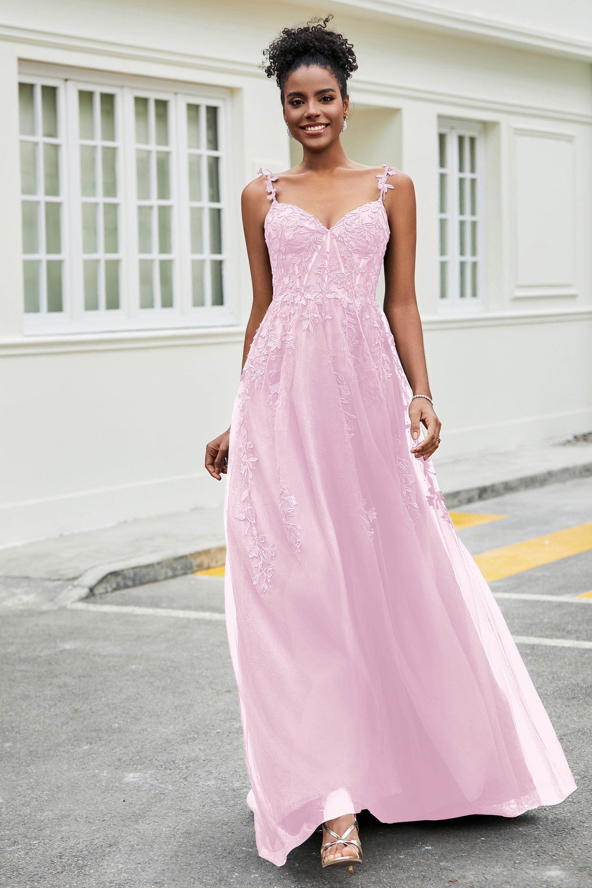 A-Linie Tüll Ballkleid mit Applikationen und Schleppe, mit Schlitz, formelle Abendkleider