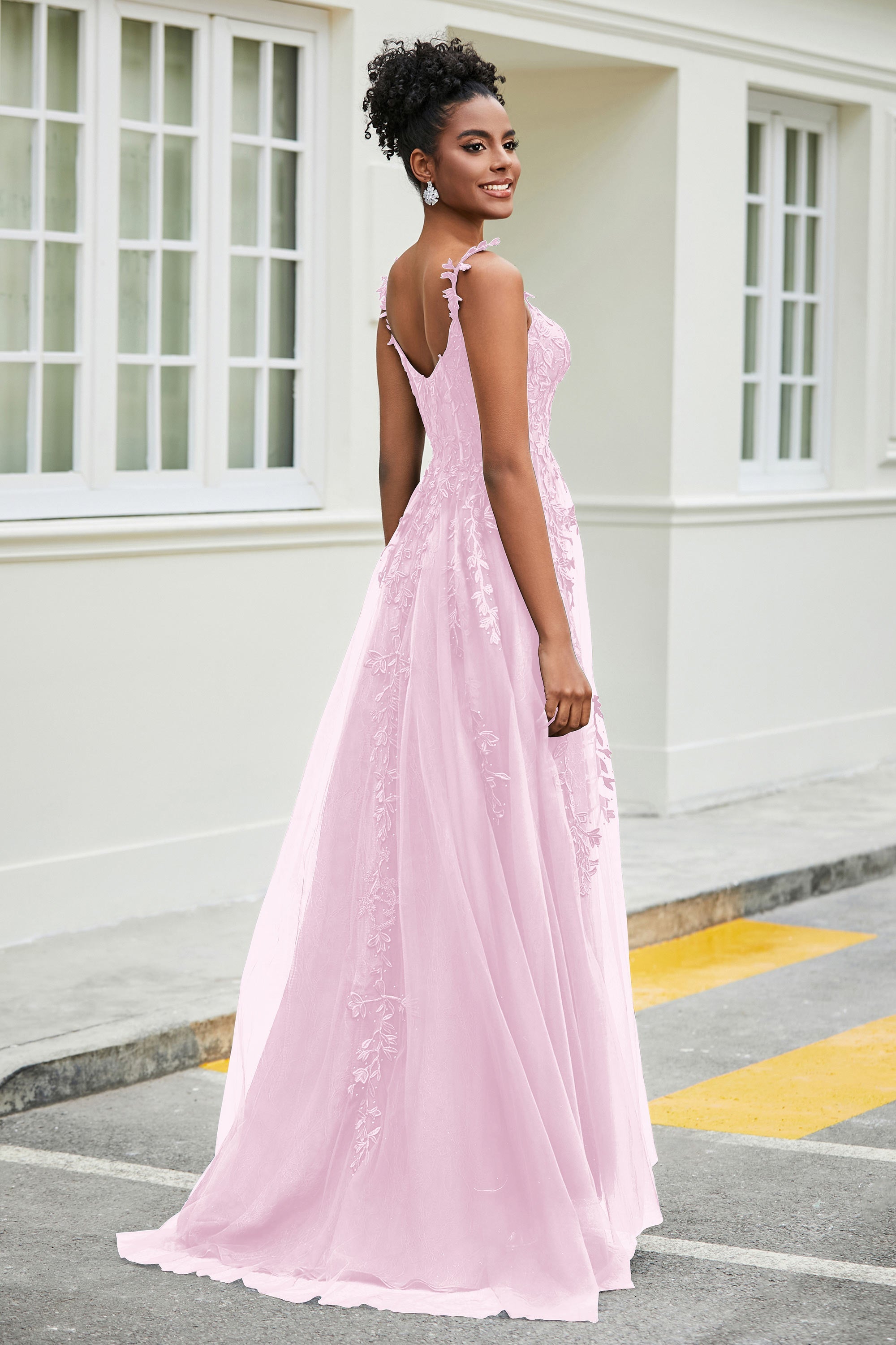 A-Linie Tüll Ballkleid mit Applikationen und Schleppe, mit Schlitz, formelle Abendkleider