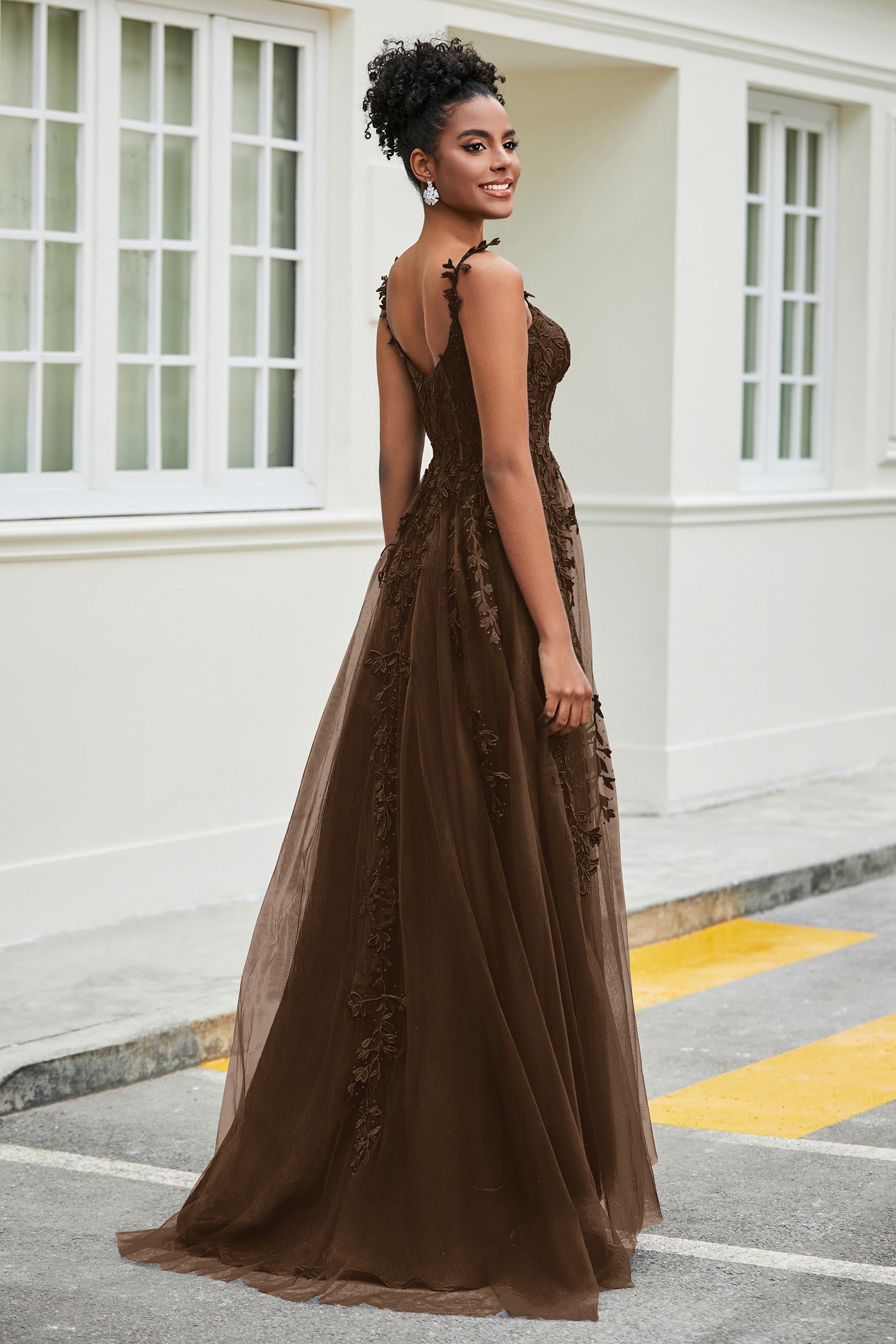 A-Linie Tüll Ballkleid mit Applikationen und Schleppe, mit Schlitz, formelle Abendkleider