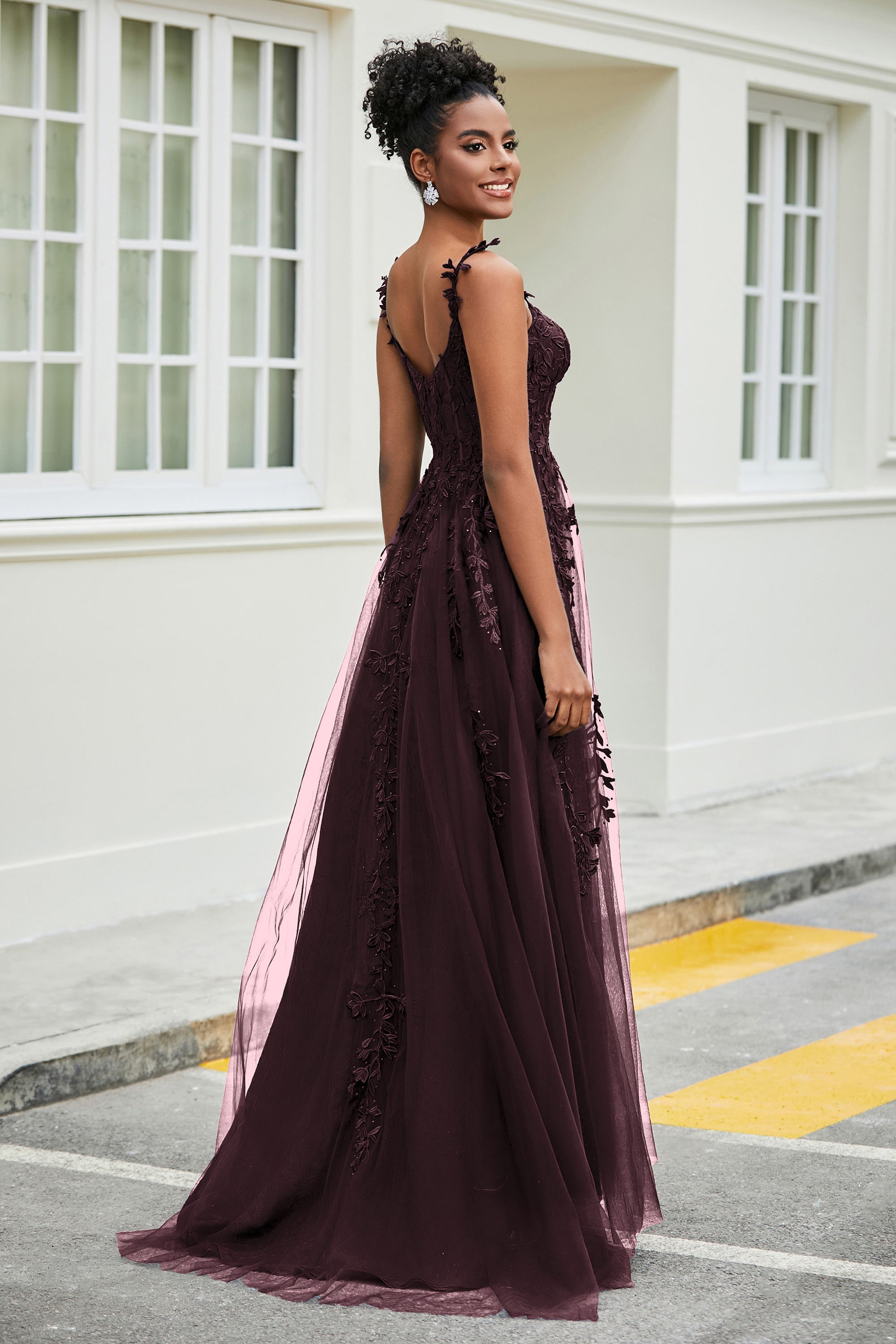 A-Linie Tüll Ballkleid mit Applikationen und Schleppe, mit Schlitz, formelle Abendkleider