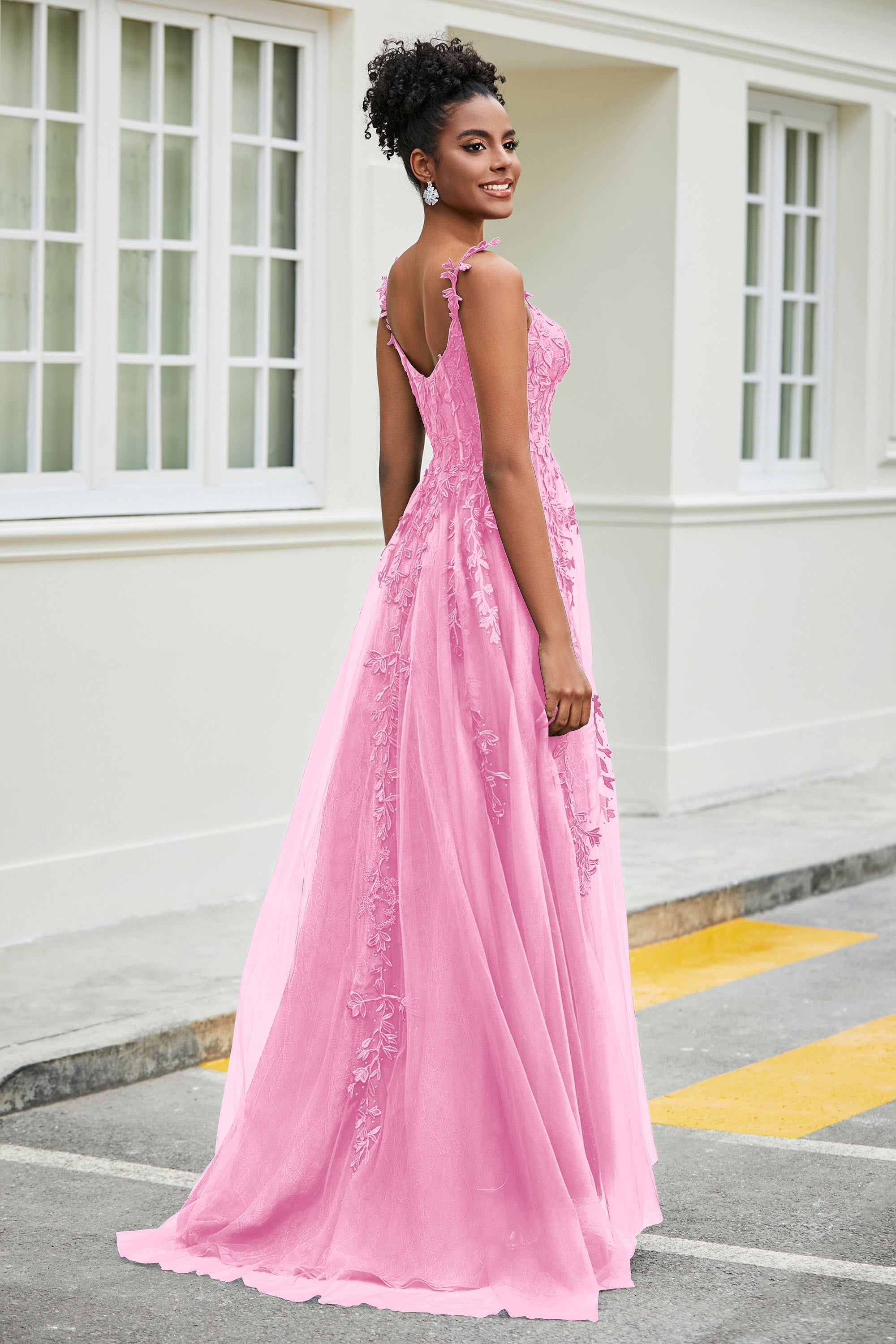 A-Linie Tüll Ballkleid mit Applikationen und Schleppe, mit Schlitz, formelle Abendkleider