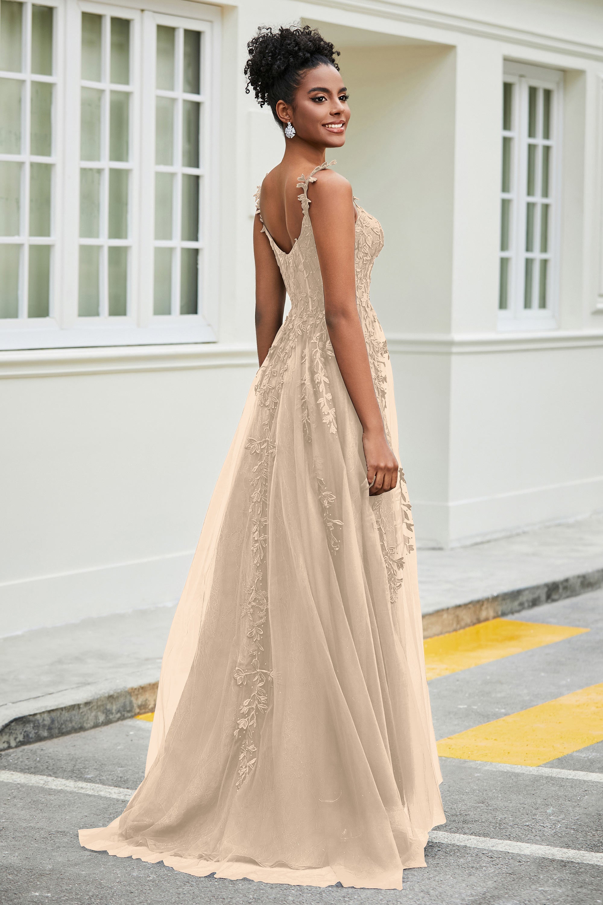 A-Linie Tüll Ballkleid mit Applikationen und Schleppe, mit Schlitz, formelle Abendkleider