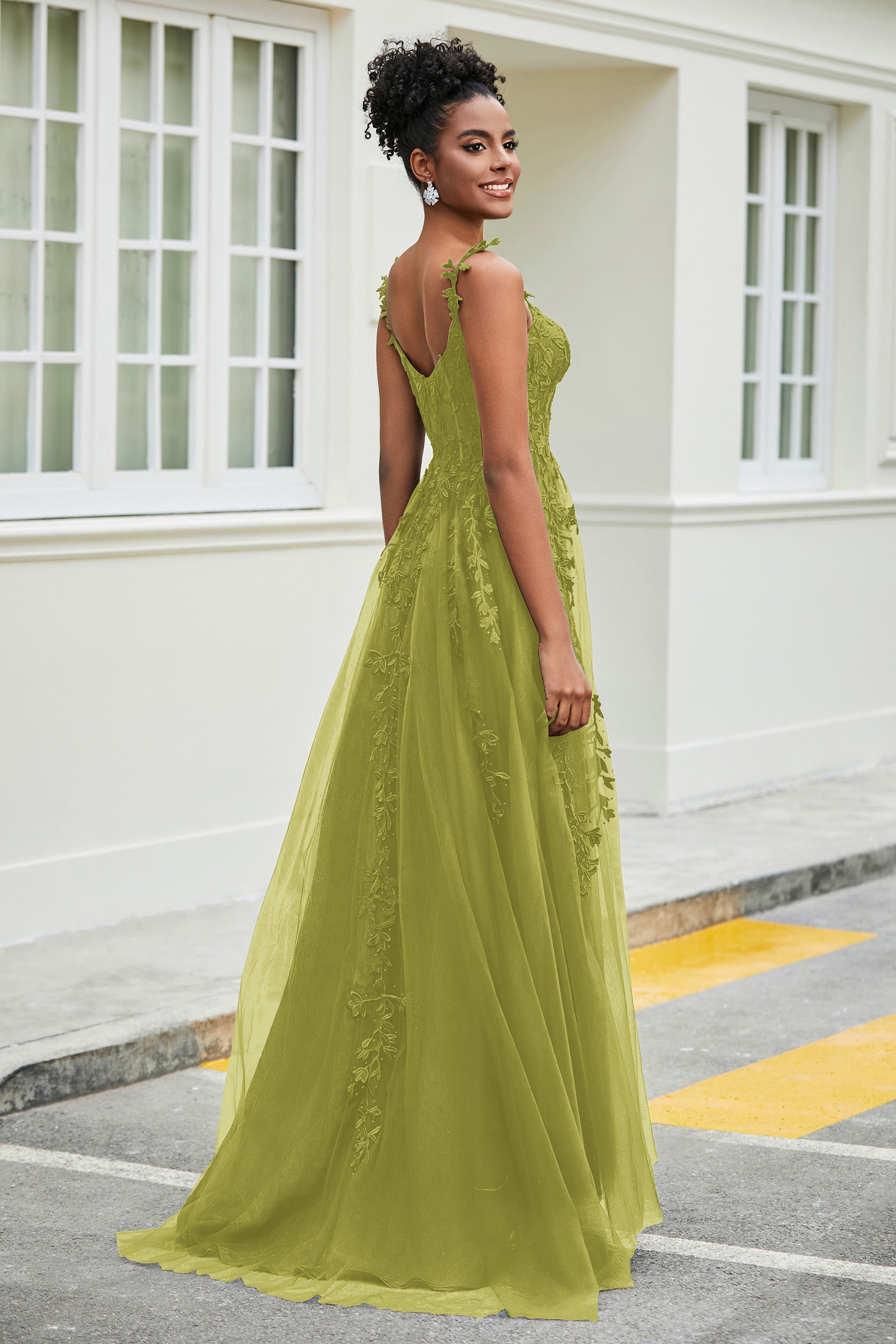 A-Linie Tüll Ballkleid mit Applikationen und Schleppe, mit Schlitz, formelle Abendkleider