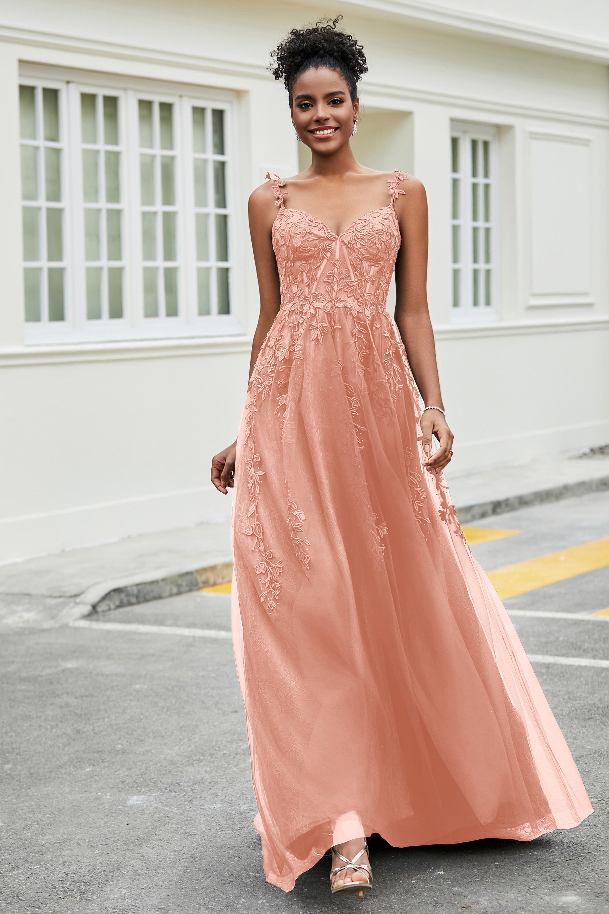 A-Linie Tüll Ballkleid mit Applikationen und Schleppe, mit Schlitz, formelle Abendkleider