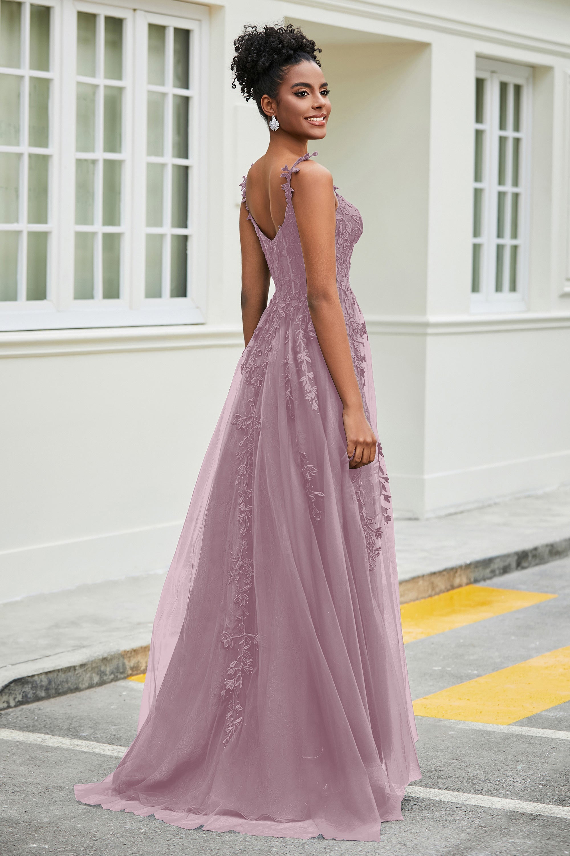 A-Linie Tüll Ballkleid mit Applikationen und Schleppe, mit Schlitz, formelle Abendkleider