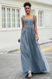 A-Linie Tüll Ballkleid mit Applikationen und Schleppe, mit Schlitz, formelle Abendkleider