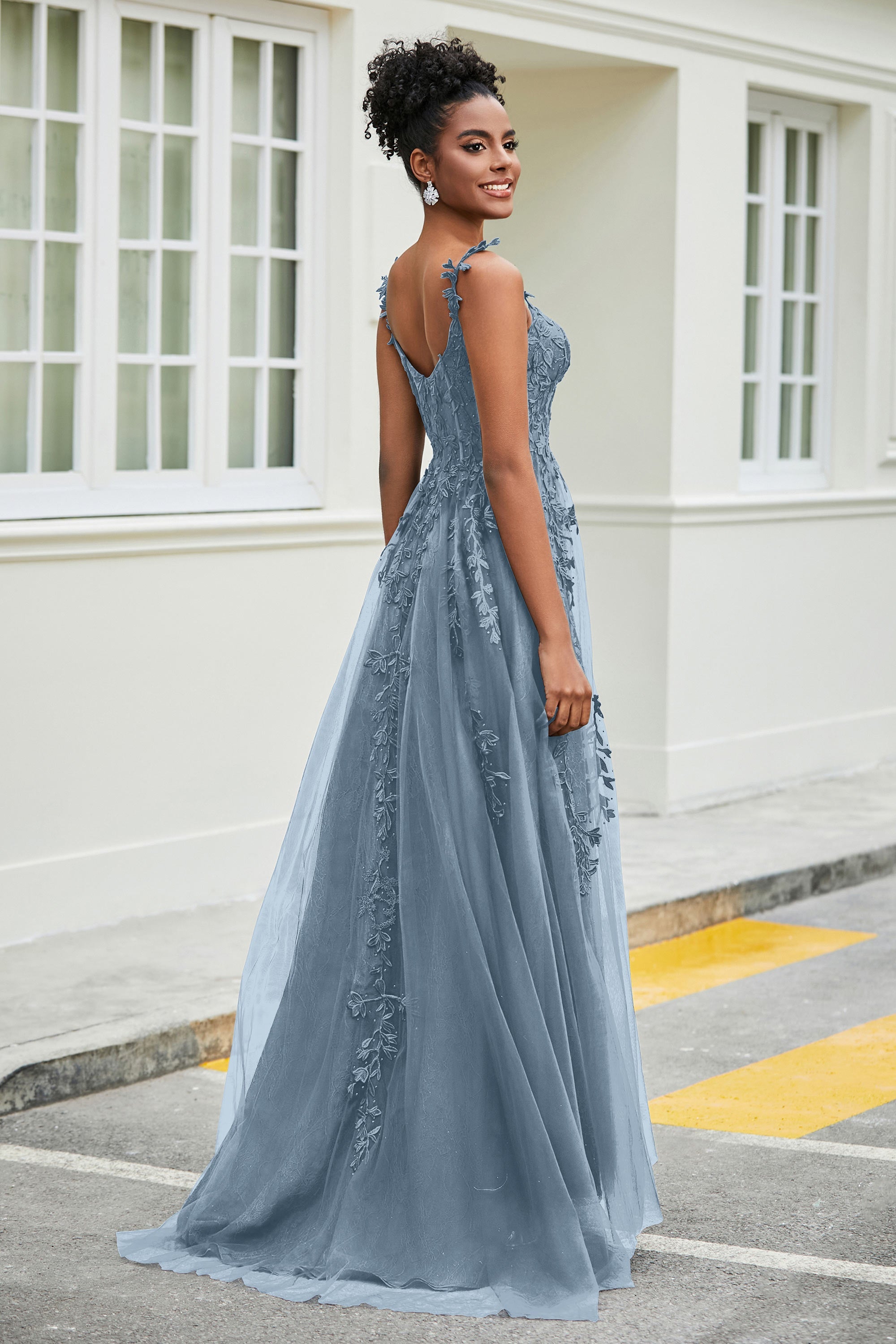 A-Linie Tüll Ballkleid mit Applikationen und Schleppe, mit Schlitz, formelle Abendkleider