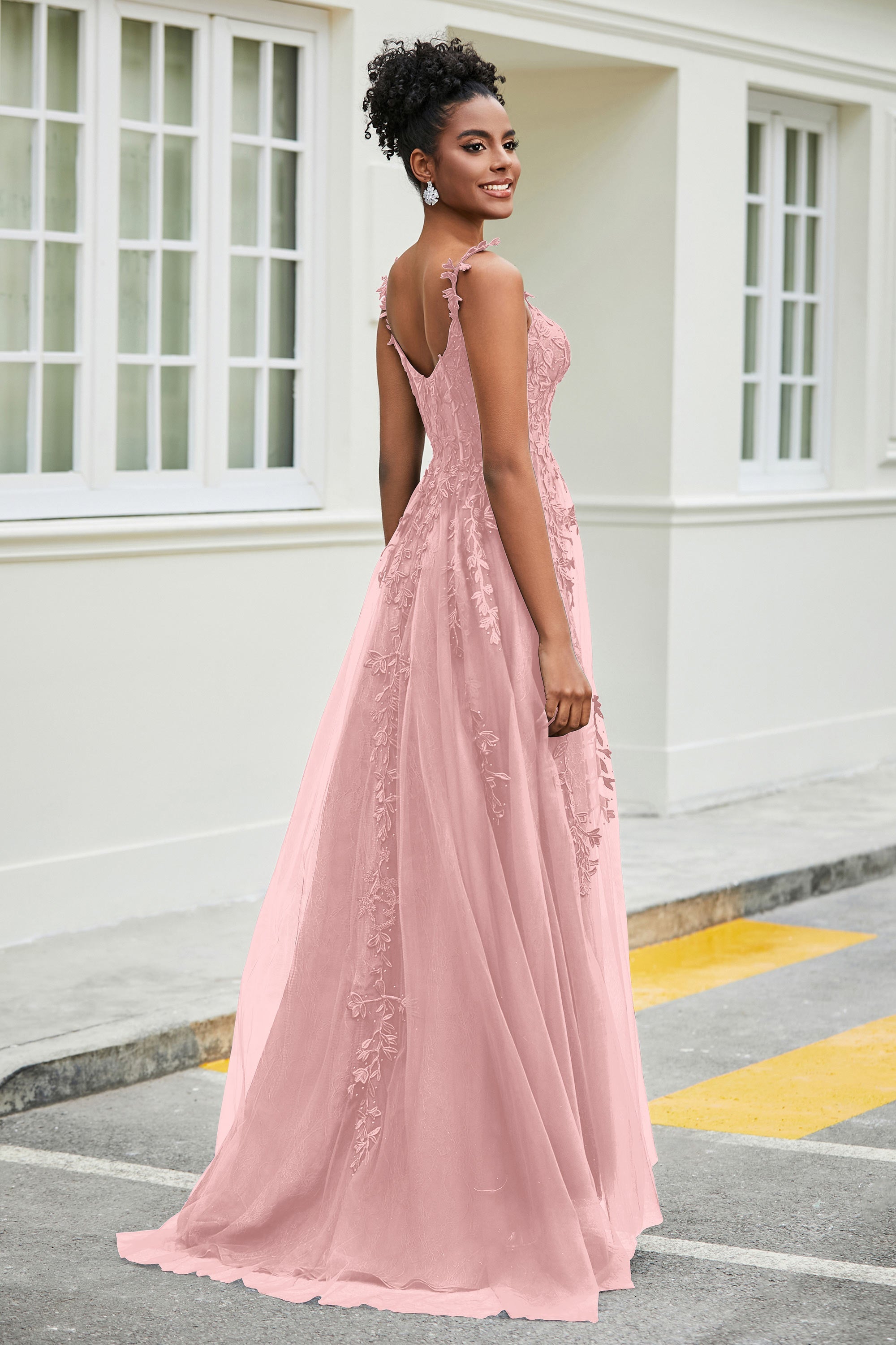 A-Linie Tüll Ballkleid mit Applikationen und Schleppe, mit Schlitz, formelle Abendkleider
