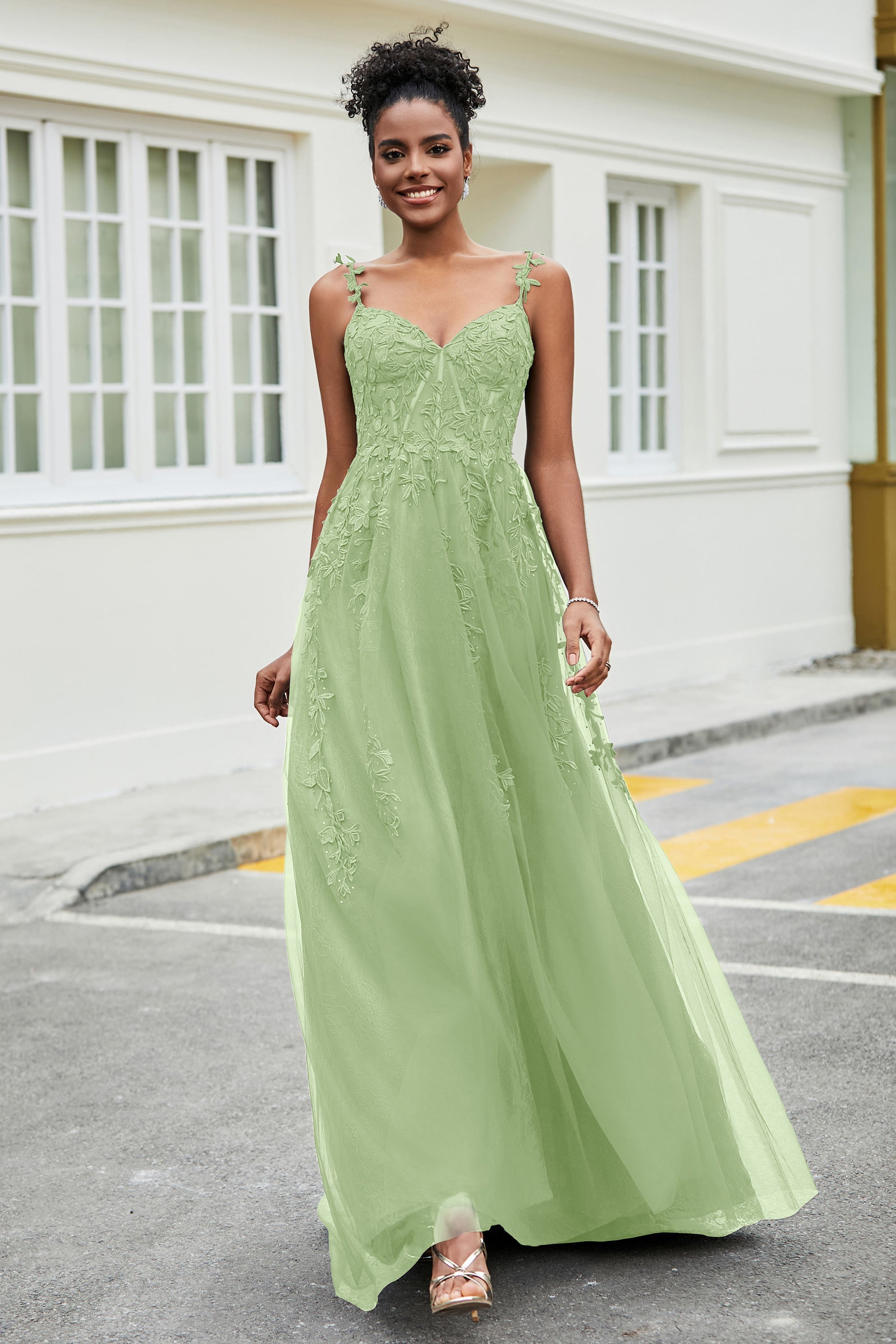 A-Linie Tüll Ballkleid mit Applikationen und Schleppe, mit Schlitz, formelle Abendkleider