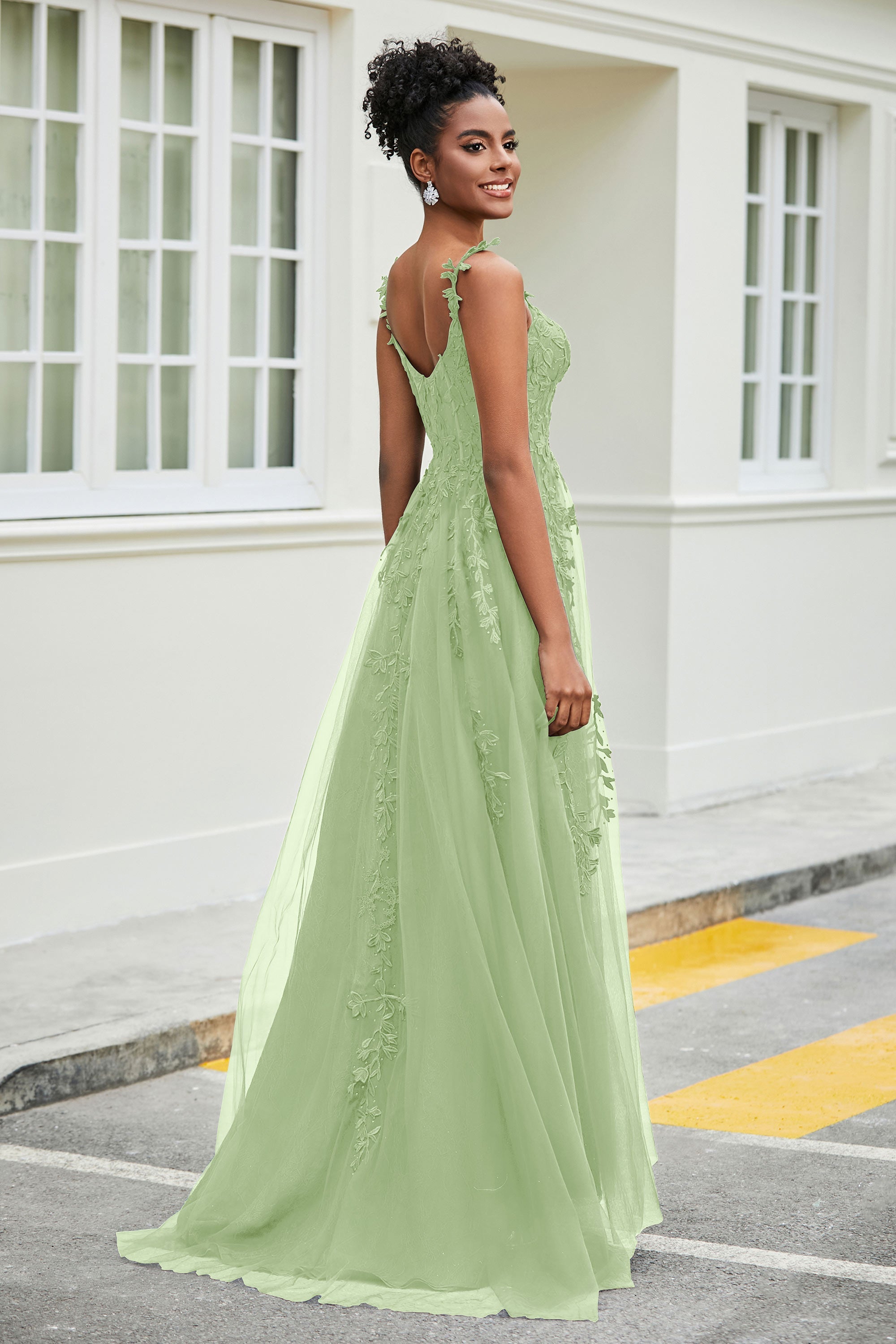 A-Linie Tüll Ballkleid mit Applikationen und Schleppe, mit Schlitz, formelle Abendkleider