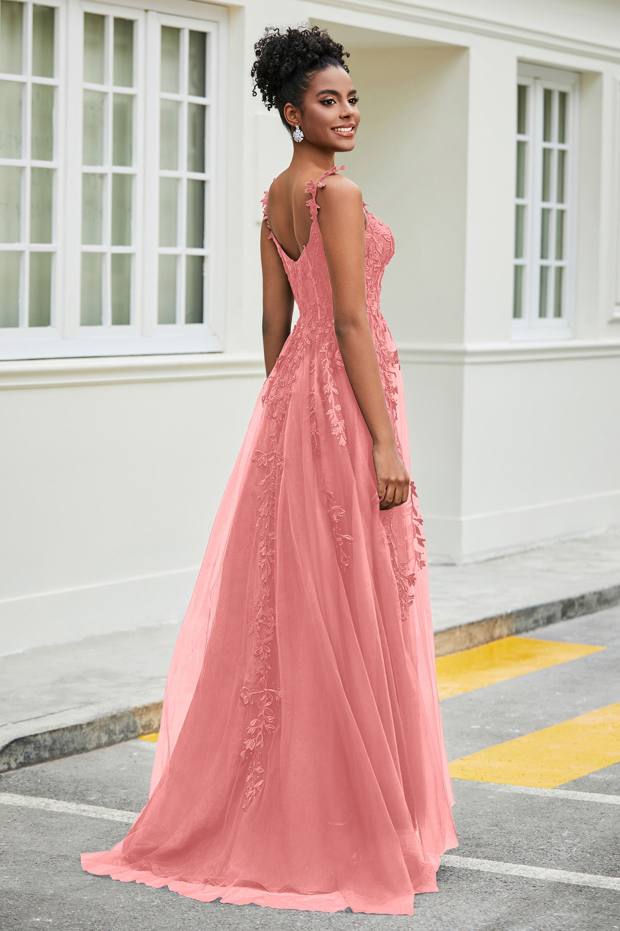 A-Linie Tüll Ballkleid mit Applikationen und Schleppe, mit Schlitz, formelle Abendkleider