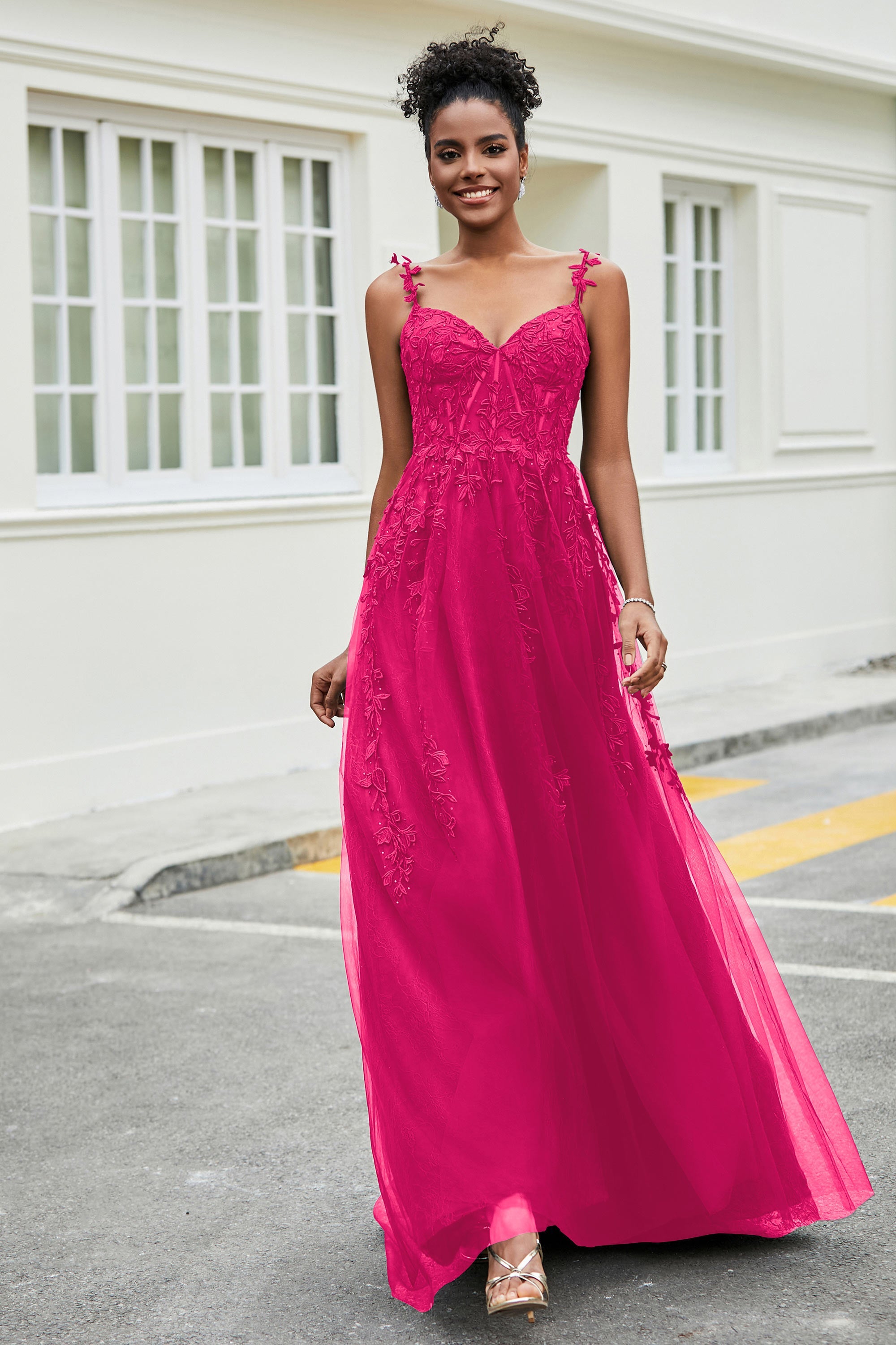 A-Linie Tüll Ballkleid mit Applikationen und Schleppe, mit Schlitz, formelle Abendkleider